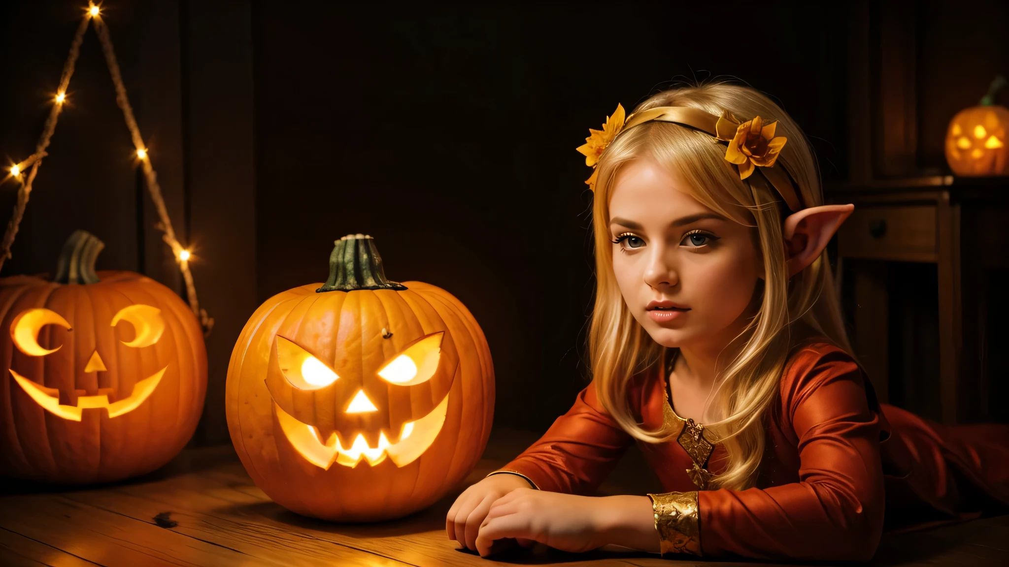 Cute portrait of blonde elf child holding a jack-o'-lantern