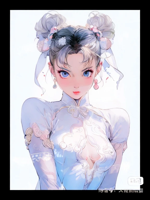 anime girl，blue eyes，white dress，bow tie, portrait of Chun Li, guweiz, Very detailed and beautiful fan art, Chun Li&#39;s portrait, 4K