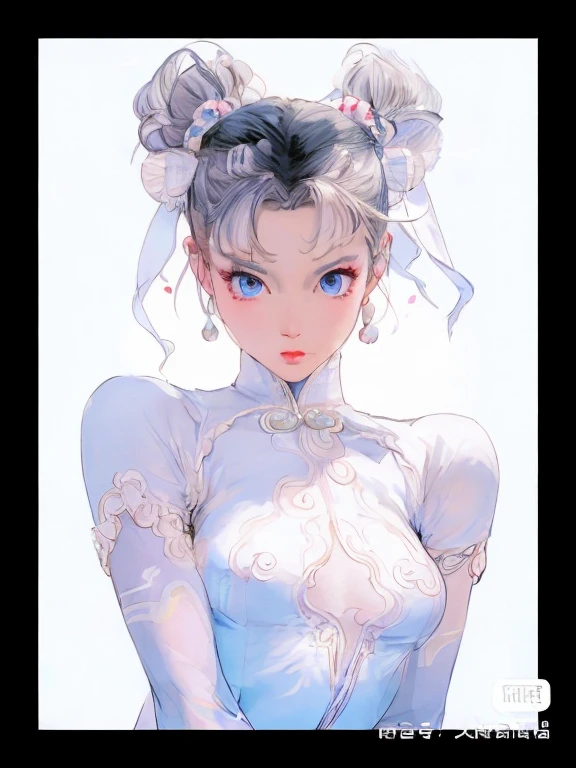 anime girl,blue eyes,white dress,bow tie, portrait of Chun Li, guweiz, Very detailed and beautiful fan art, Chun Li's portrait, 4K