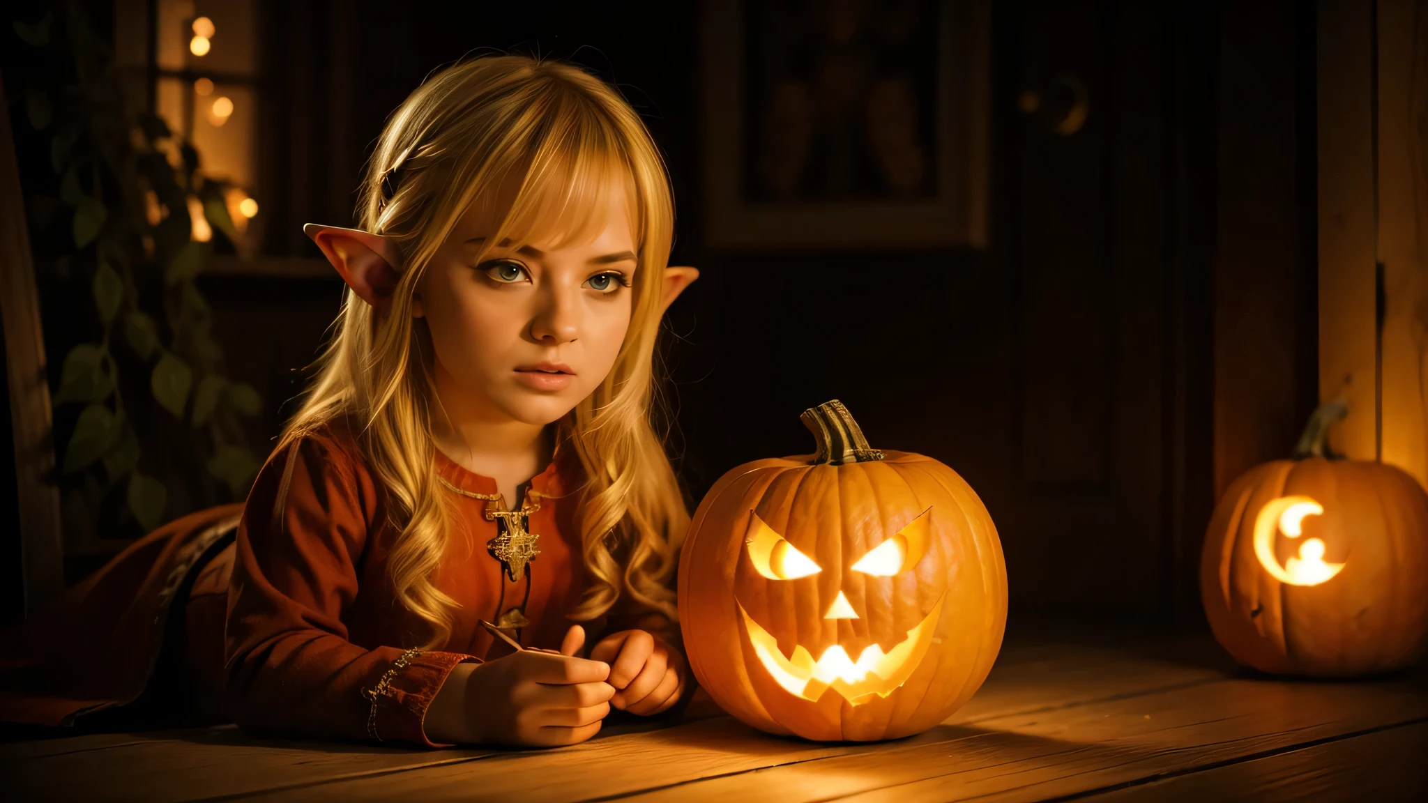 Cute portrait of blonde elf child holding a jack-o'-lantern