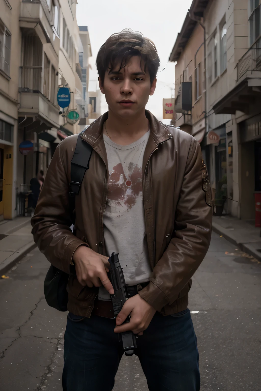 boy pic in movie background and I have a gun in my hand blood in my face