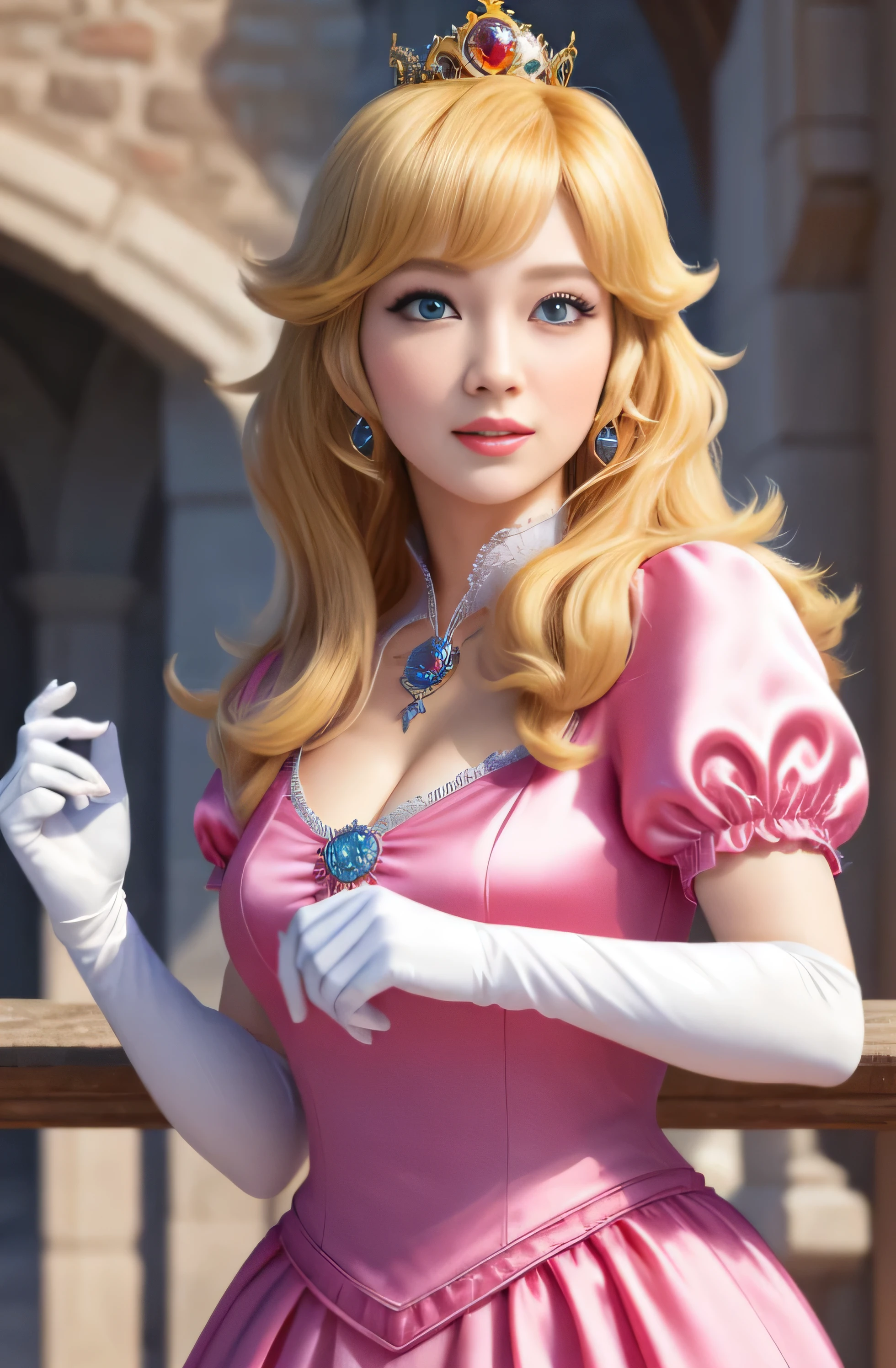 (masterpiece, highest quality, High resolution:1.4), confused, 1 girl,big breasts, star eye, (Princess Peach), blush, (realistic:1.5), blue eyes, Happy, break, pink dress, pretty girl,White arm gloves, From above,cowboy shot,perfect lighting, clear,  looking at the viewer, side light, perfect face, detailed face, bangs, perfect body, beautiful eyes, cute face, bright skin, Idol, Beautiful castle, beautiful city, (((silk))), Princess Speech