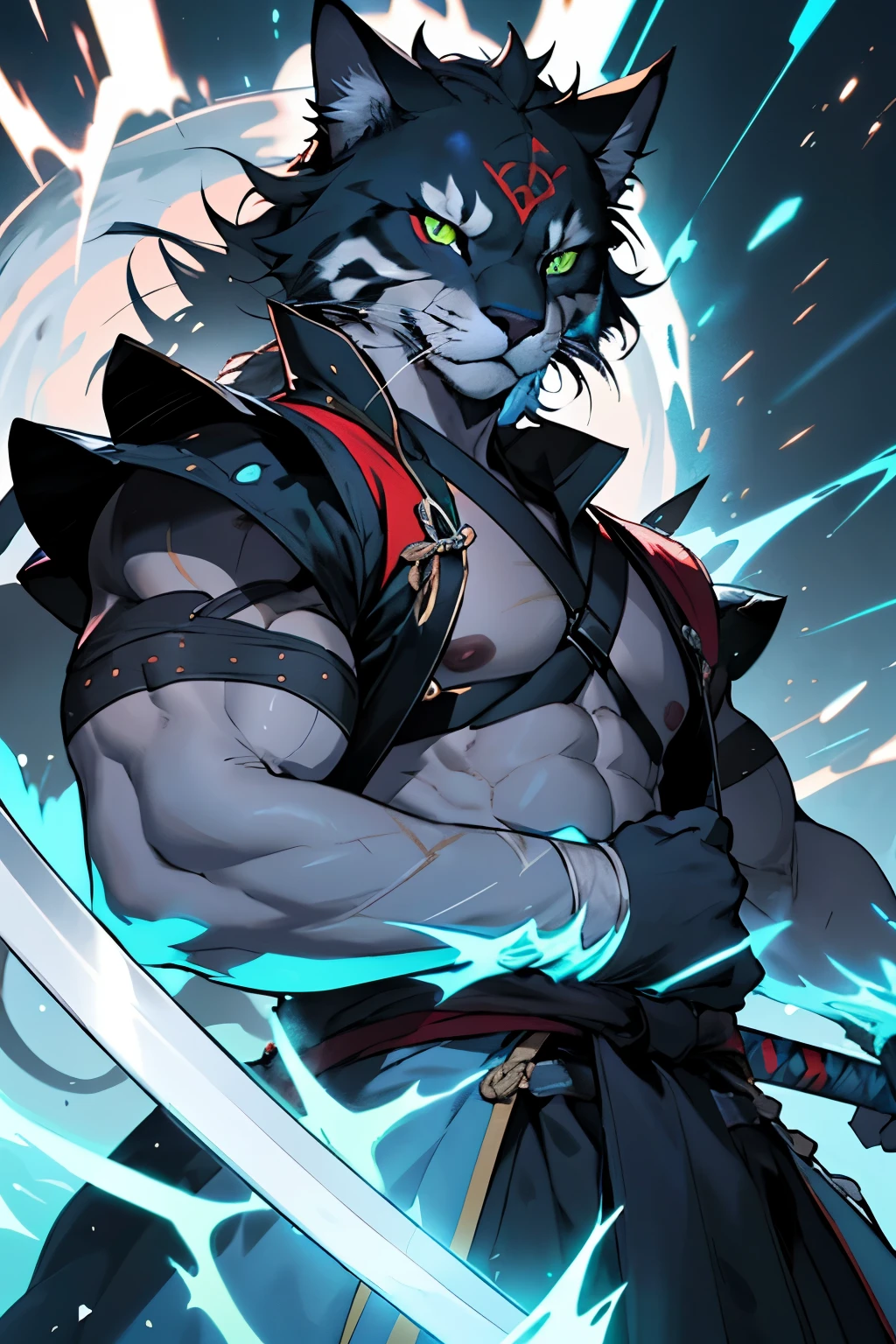 "Generate a captivating image of a powerful Samurai-Cat with a commanding presence, featuring all-dark gray fur and striking green eyes that exude strength. Distinctively depict a big scar over one eye, emphasizing the cat's history as a battle-hardened warrior. Convey a strong, ancient cat warrior aesthetic, ensuring the portrayal reflects nobility and power. The Samurai-Cat hails from another dimension and is on a mission to bring peace. Equip the character with a mythical lightning sword, emitting an otherworldly glow, Balance the feline and warrior aspects, creating an image that combines the essence of a majestic cat with the strength of an ancient warrior dedicated to the cause of peace."