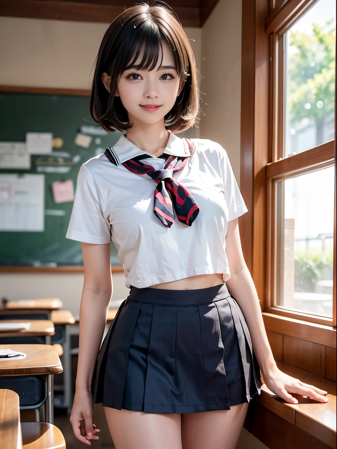  girl,Pose that expresses the S-shape、cinematic light、shine a bright light on your face, smile、smile、bangs, short cut hairstyle、red ribbon、plump thighs、big breasts、Whip breast、(High School Uniform ,mini skirt:1.3), School, classroom, clear、(highest quality:1.0), (realistic:1.0), (8K, RAW photo:1.1), (8k非常にbecome familiar withなCGユニットの壁紙), (highest quality), (best illustrations), (best shadow), (become familiar with: 1.4), 3D, HDR (high dynamic range), ray tracing, NVIDIA RTX, super resolution, scattered below the surface, PBR texture, Post-processing, anisotropic filtering, Depth of written boundary, maximum sharpness and acutance, multilayer texture, Albedo and highlight mapping, surface shading, Accurate simulation of light-matter interactions, perfect proportions, octane rendering, 超realistic、Photographed with Canon EOS R5、50mm lens、f / 2.8