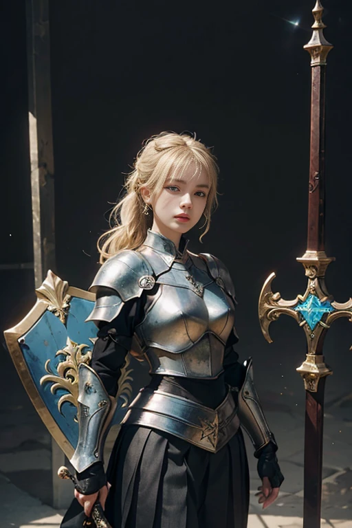 bright look、ponytail、young, Sparkling, White and glowing skin、best look、blonde hair reflection、Platinum blonde hair with dazzling highlights、shiny bright hair,、super long silk straight hair、Shining beautiful bangs、Shining clear attractive big blue eyes、so beautiful, dash, Cute 16 year old girl、rich bust,beautiful and fine eyes, beautifully detailed nose,(( whole body:1.25)),makeup emphasizes the eyes、((pleated skirt:1.3)),(A woman like Joan of Arc:1.3)、(armor:1.3)、Knights, (Equipped with a sword and shield:1.2),royal style,comic style, , Scattered beneath the surface, dazzling details, natural background, surreal, Filmography, with dramatic lighting, table top、(装飾的なarmor)、(Wearing an aura:1.5)、circlet、((princess knights))、frilled、