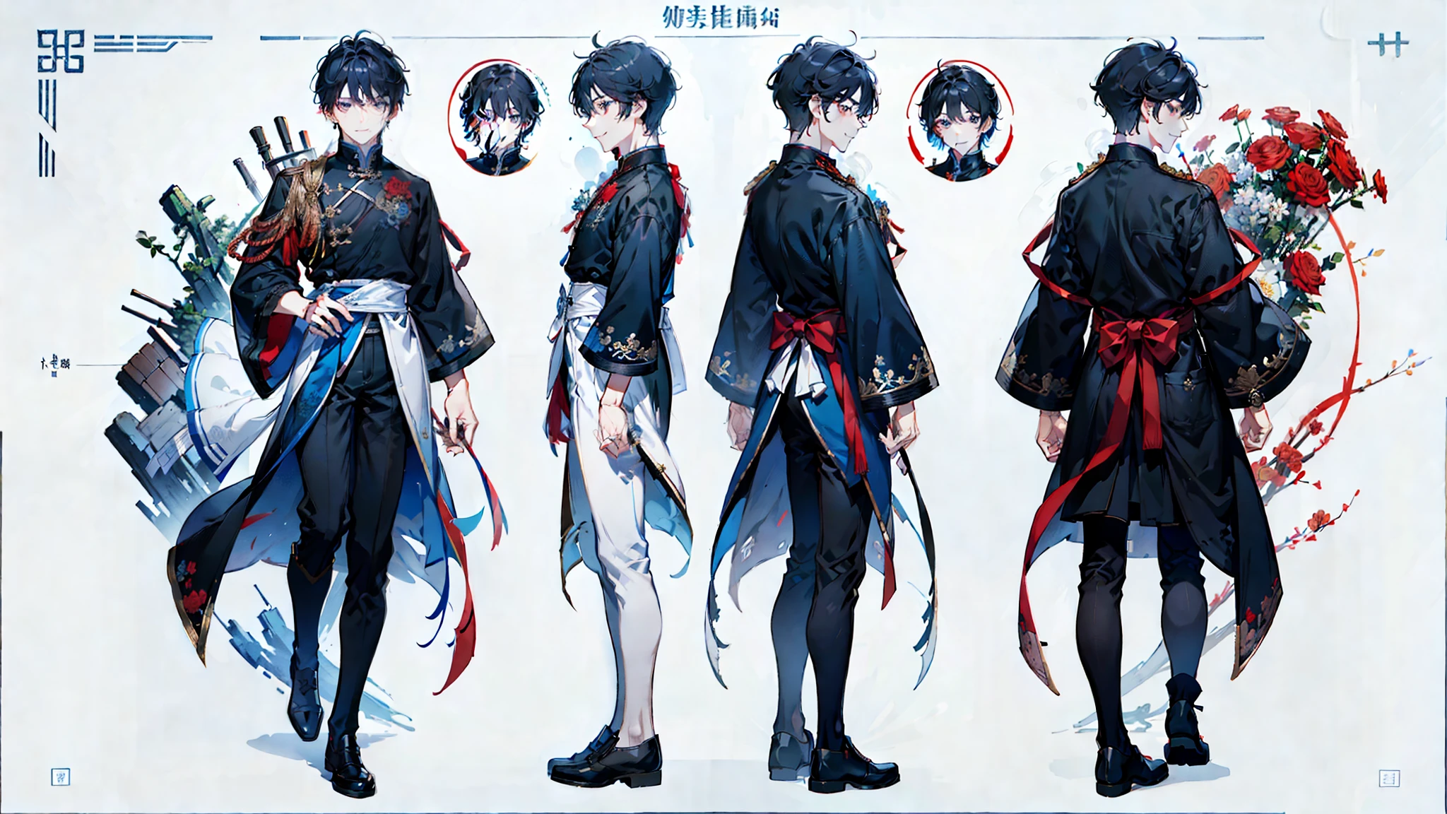 （（masterpiece）），（（（（best quality））），（character design sheet，same characters，street frontage，side，back），a boy，black hair short hair，blue eyes，Smile，Chinese-style clothing，Red roses as accessories，Detailed faces，fine hair，（simple background，White background：1.3）