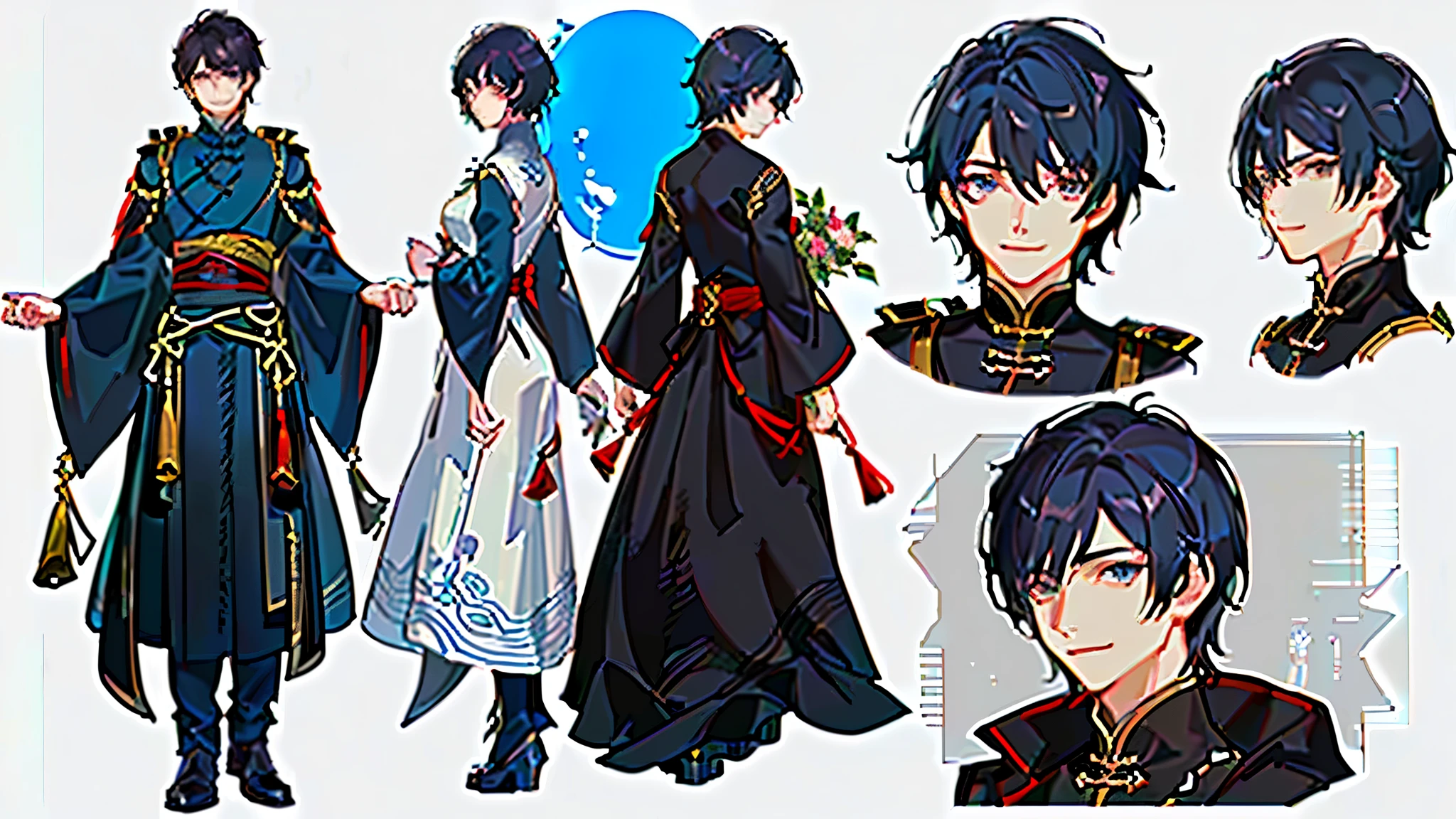 ((masterpiece)),((((best quality))),(character design sheet,same characters,street frontage,side,back),a boy,black hair short hair,blue eyes,Smile,Chinese-style clothing,Red roses as accessories,Detailed faces,fine hair,(simple background,White background:1.3)