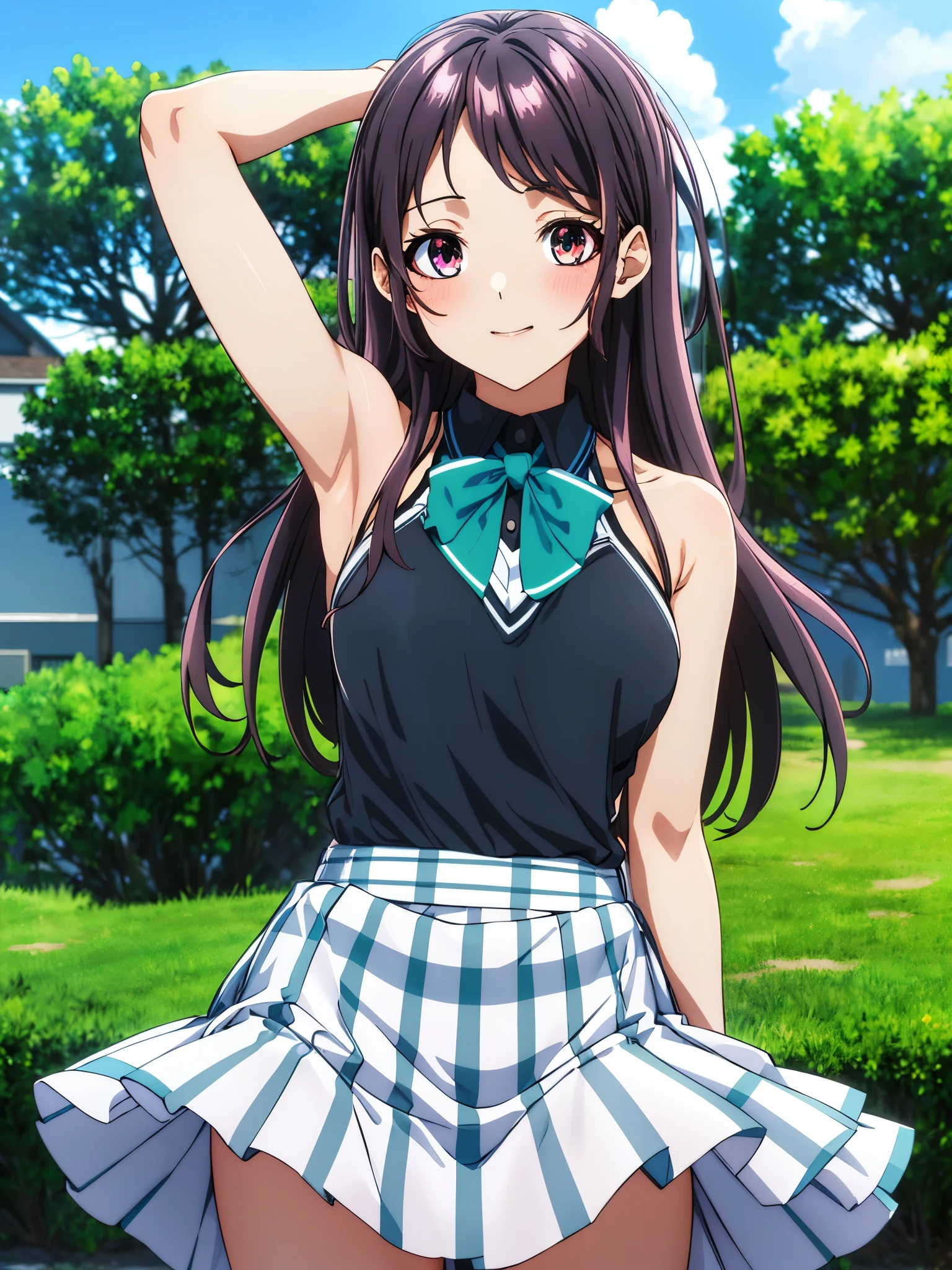 Show your armpits,Kaori Hojo, girl, (masterpiece: 1.1), (highest quality: 1.1), Upper body bikini, (white bikini: 1.1), (plaid skirt: 1.1), high waist skirt, break [green grass: pink, :0.5] theme, (Urban background: 1.1), denim lens, break Silver, length, green eyes, landscape, small chest, low length, girl, big breasts,