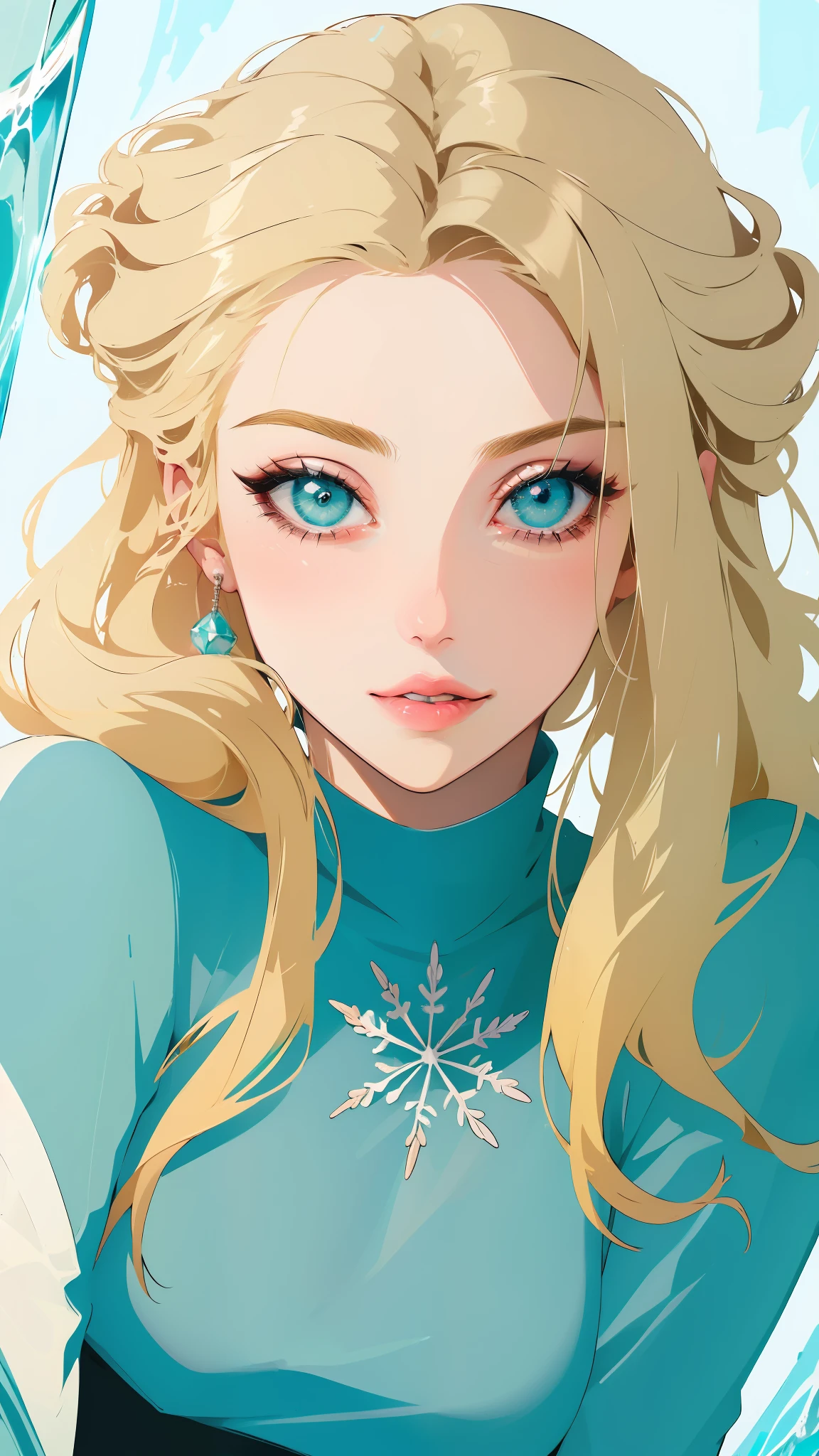 a woman, solo, upper body, (Random:1.3), light blonde hair, teal eyes, captivating lips, natural breasts, one peace dress, glistening ice cave with icicle aster piece, best quality, detailed:1.3), hot