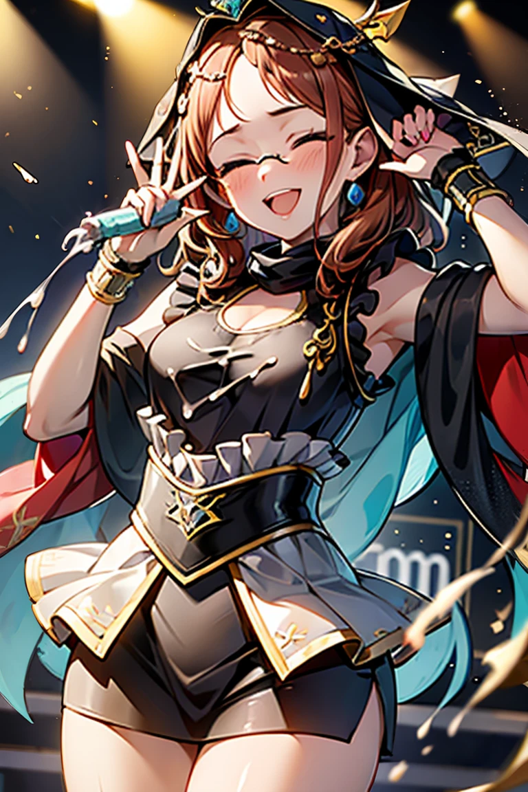 (masterpiece, best quality), ultra high res, 8K, 1girl, (multiple penises, surrounded, multiple boys), pov, ((bukkake:1,4, projectile cum, cum on head)), 18yo, happy, smile, wink, one eye closed, very cute, idol,glasses, forehead. stage,spotlight,