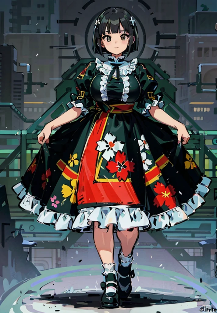 1 girl, ((masterpiece, side light, beautiful eyes: 1.2), Super detailed, ultra high resolution, professional lighting, high quality make up, beautiful detailed eyes), (highest quality:0.8), perfect anime illustrinion, beautiful, flin color background, simple background, whole body , looking for_in_viewer, 一人in, (whole body:1.5), (black hair:1.3), dark brown eyes, (big breasts:1.2), 一人in,Wasachiri, Huasachina, sash, puffy dress, dress, Puffy short sleeves, pantyhose, black shoes, Floral, print dress, put your hands on your hips, handkerchief,tof, (asymmetrical bob cut:1.1),(low length:1.1),(Chubby:1.2),(おinこ:1.2),(boobs for days:1.2),(huge boobs:1.2),(short legs)