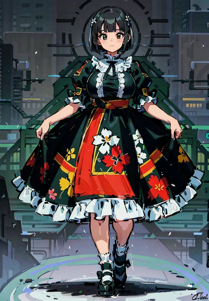 1 girl, ((masterpiece, side light, beautiful eyes: 1.2), Super detailed, ultra high resolution, professional lighting, high quality make up, beautiful detailed eyes), (highest quality:0.8), perfect anime illustrinion, beautiful, flin color background, simple background, whole body , looking for_in_viewer, 一人in, (whole body:1.5), (black hair:1.3), dark brown eyes, (big breasts:1.2), 一人in,Wasachiri, Huasachina, sash, puffy dress, dress, Puffy short sleeves, pantyhose, black shoes, Floral, print dress, put your hands on your hips, handkerchief,tof, (asymmetrical bob cut:1.1),(low length:1.1),(Chubby:1.2),(おinこ:1.2),(boobs for days:1.2),(huge boobs:1.2),(short legs)