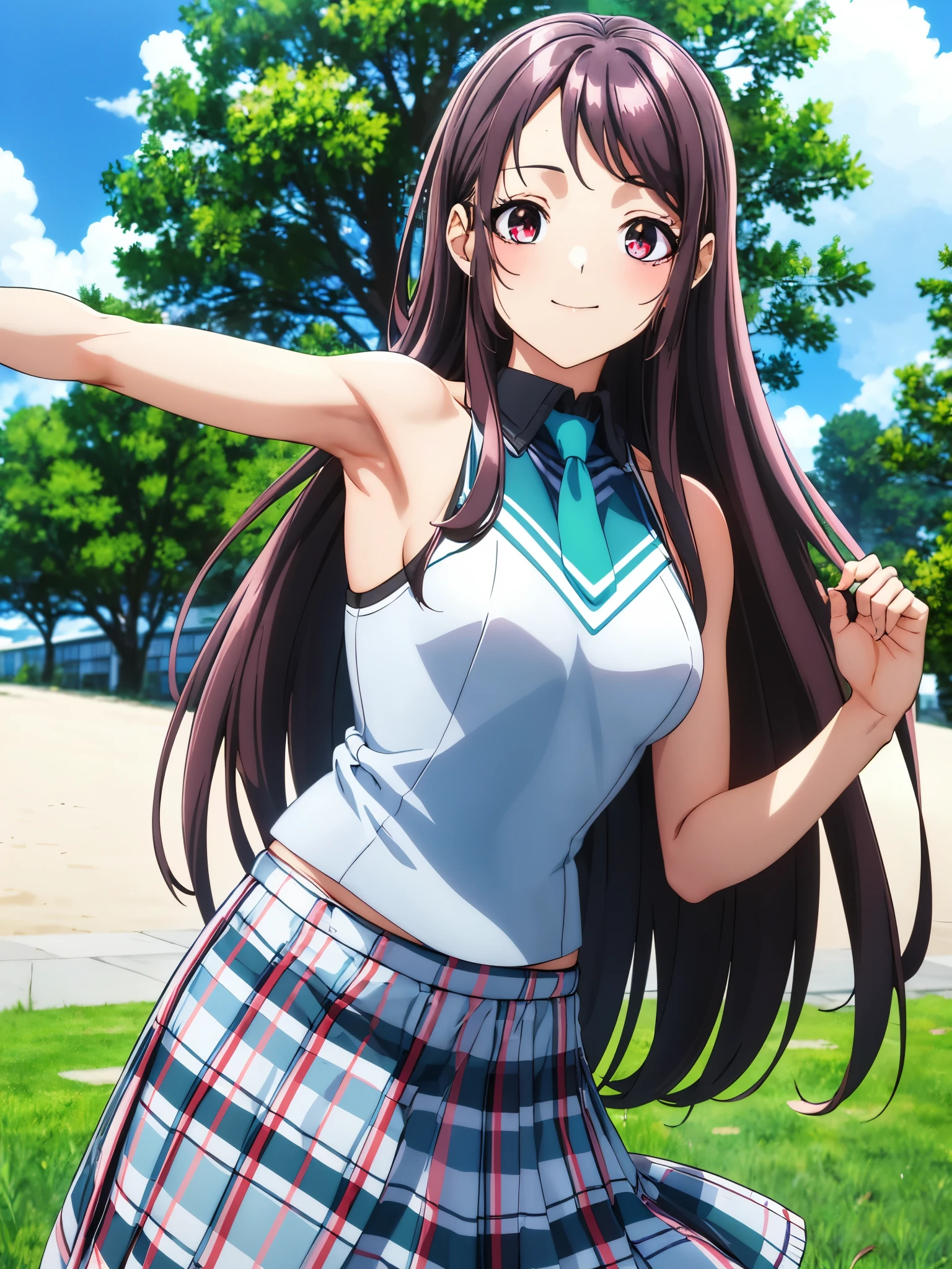 Show your armpits,Kaori Hojo, girl, (masterpiece: 1.1), (highest quality: 1.1), Upper body bikini, (white bikini: 1.1), (plaid skirt: 1.1), high waist skirt, break [green grass: pink, :0.5] theme, (Urban background: 1.1), denim lens, break Silver, length, green eyes, landscape, small chest, low length, girl, big breasts,