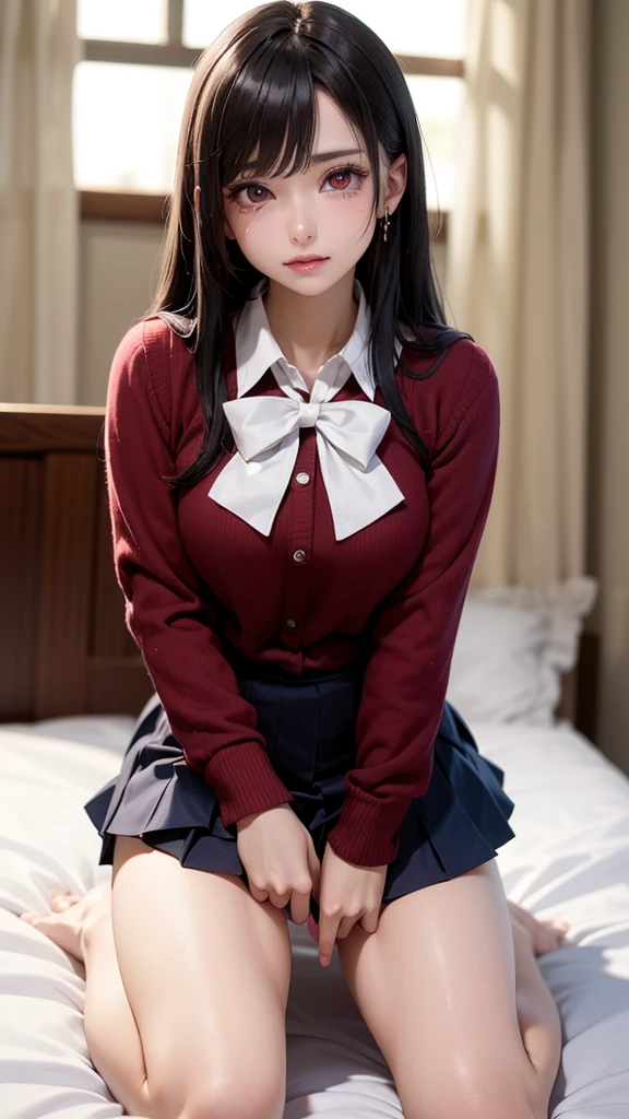 ( very detailed depiction, clear depiction, masterpiece, high resolution, high degree of perfection, perfect anatomy), 1 girl, cute face, crying face, detailed face, slender body, beautiful legs, semi-long hair,( red eyes, sparkling eyes), beautiful nose, ( high school girl uniform, No panties),( spread regs:1.4), bed room,on bed, ( pussy focus:1.2),