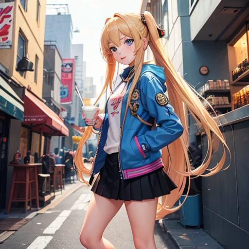 Very detailed girl with long blonde hair, blue eyes, anime jacket and cute skirt with shoes, on a boba shop drinking boba