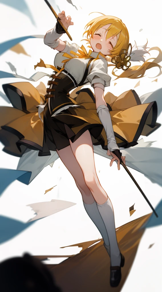 mami tomoe, closed eyes, open mouth, frown, torn clothes