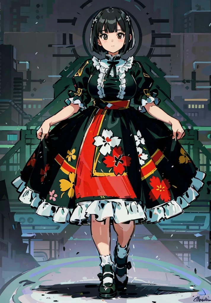 1 girl, ((masterpiece, side light, beautiful eyes: 1.2), Super detailed, ultra high resolution, professional lighting, high quality make up, beautiful detailed eyes), (highest quality:0.8), perfect anime illustrinion, beautiful, flin color background, simple background, whole body , looking for_in_viewer, 一人in, (whole body:1.5), (black hair:1.3), dark brown eyes, (big breasts:1.2), 一人in,Wasachiri, Huasachina, sash, puffy dress, dress, Puffy short sleeves, pantyhose, black shoes, Floral, print dress, put your hands on your hips, handkerchief,tof, (asymmetrical bob cut:1.1),(low length:1.1),(Chubby:1.2),(おinこ:1.2),(boobs for days:1.2),(huge boobs:1.2),(short legs)