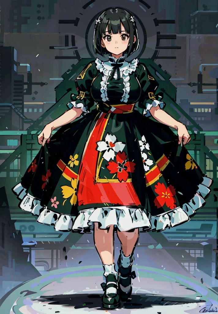 1 girl, ((masterpiece, side light, beautiful eyes: 1.2), Super detailed, ultra high resolution, professional lighting, high quality make up, beautiful detailed eyes), (highest quality:0.8), perfect anime illustrinion,  beautiful, flin color background, simple background, whole body ,  looking for_in_viewer, 一人in, (whole body:1.5), (black hair:1.3), dark brown eyes, (big breasts:1.2), 一人in,Wasachiri, Huasachina,  sash, puffy dress, dress, Puffy short sleeves, pantyhose, black shoes, Floral, print dress, put your hands on your hips, handkerchief,tof, (asymmetrical bob cut:1.1),(low length:1.1),(Chubby:1.2),(おinこ:1.2),(boobs for days:1.2),(huge boobs:1.2),(short legs)