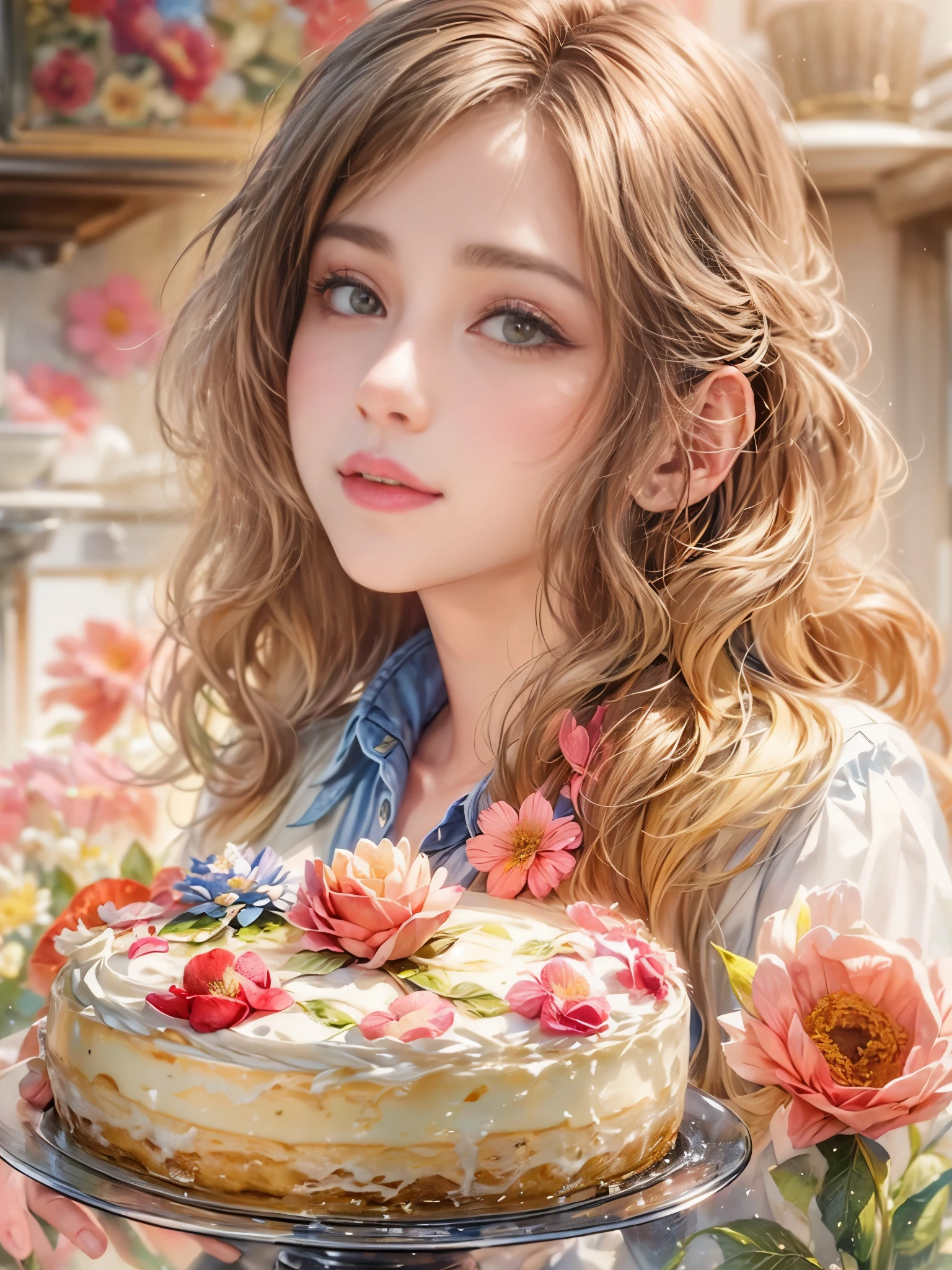 Creative and endearing image,Think of your dream girlfriend as your dream lover and lifelong partner,((She is a simple and hard-working cake shop girl,She is holding cake,Smile warm and welcoming,Embodying the role of a warm and generous saleswoman))。This artistic expression combines wisdom、Beauty and hardworking character。Her outfit is casual yet charming,Very suitable for the environment of a cake shop,The expression is seductive and pleasant。The background is a cozy and warm cake shop,Full of various cakes and pastries,Create a sweet and warm atmosphere。The overall style blends realism with a touch of whimsy,captured a sweet、The essence of a hard-working cake shop girl, (floral watercolor painting:1.5),(Super high saturation, bright and vivid colors:1.5), (nsfw), (Look at the audience head-on:1.5)