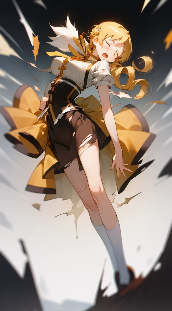 1 girl, mami tomoe, closed eyes, open mouth, frown, (torn clothes. tearing clothes:1.2), fluttering skirt, white underwear