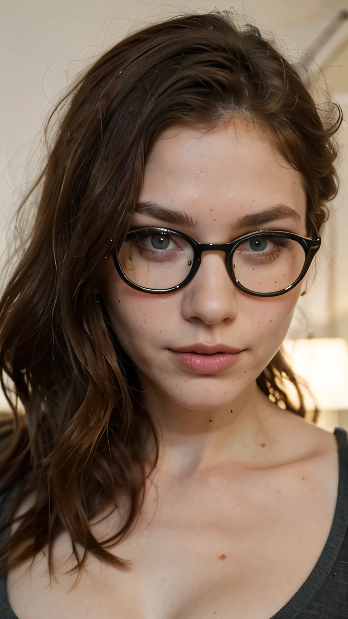 ((best quality)), ((masterpiece)), (detailed), perfect face, woman close-up. She has shoulder-length, light red hair that falls in loose waves. Her eyes are a shade of blue, and she has freckles across her nose., big round sexy glasses on, and a green top on