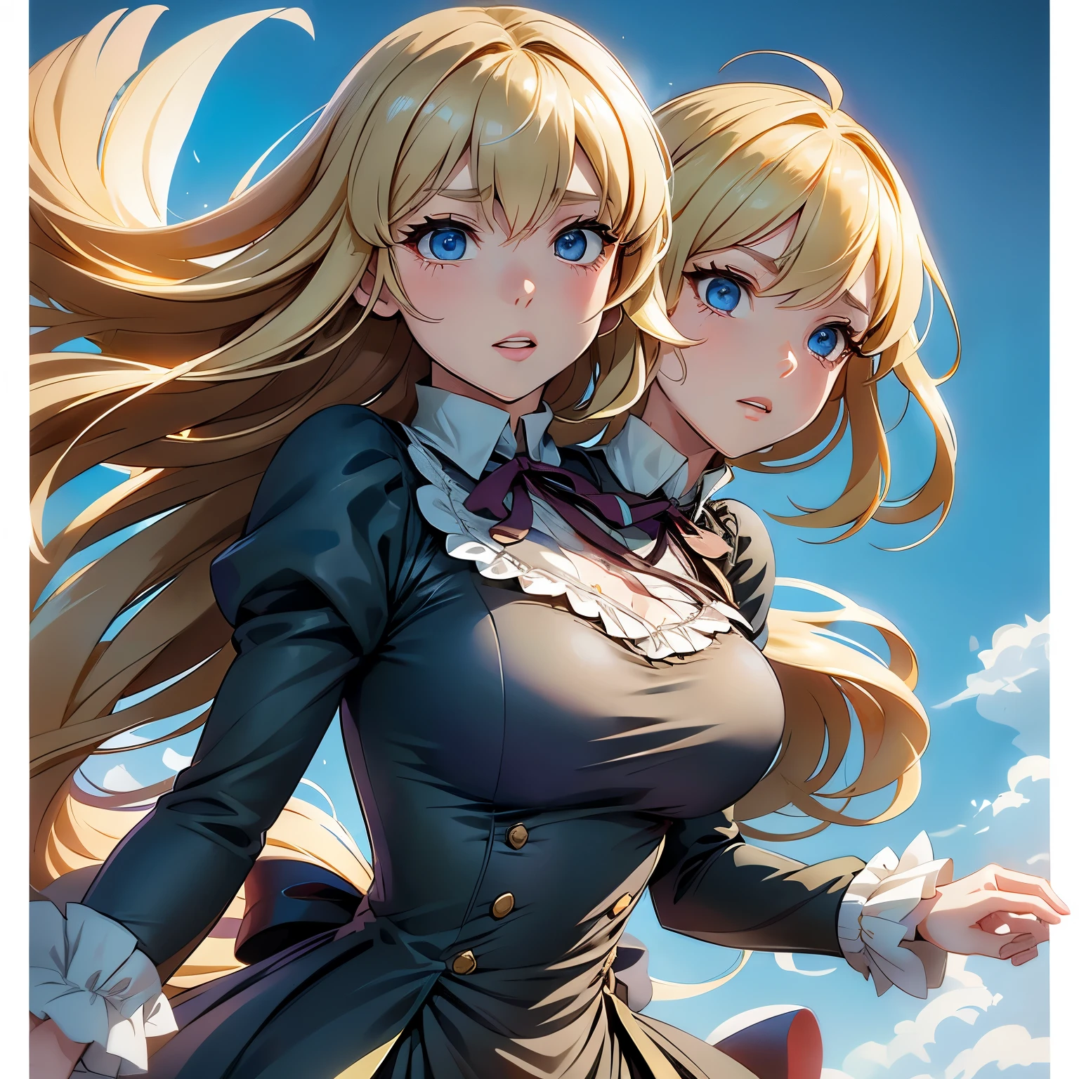 (dynamic angle:1.3),extreme closeup,windy,cinematic highlight,1girl,upper body,dacing,looking at viewer, violet_evergarden, solo, jewelry, blank eyes,brooch, blonde_hair,( vevry long hair:1.2),floating hairlong_sleeves, ribbon, blue_eyes, jacket, dress, gem, hair_ribbon,sky, depth_of_field, a close view of flying petal,(two headsL