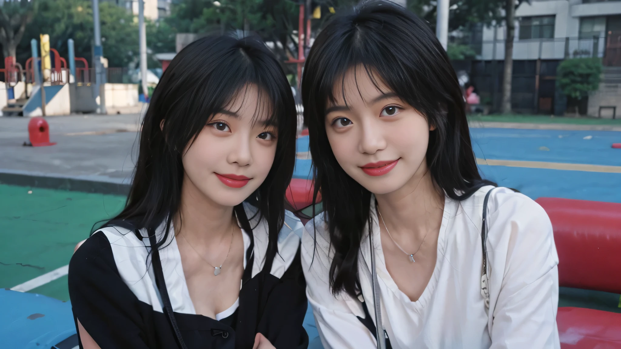 best quality, ultra high resolution, (realistically:1.4), Baoyu Girl, Black long straight,A pair of clear and moving peach blossom eyes,Royal sister,uniform,sunshine on face,scroll,(School playground:1.4),(necklace:1.2),(White skin:1.9),(Full body female love:1.2)a sense of atmosphere,a beautiful girl, Smile,looking directly at the viewer, Close-up cleavage ,(lifelike:1.4),1 girl,Sexy,(Upper body:1.4),(wet),(:1.2)