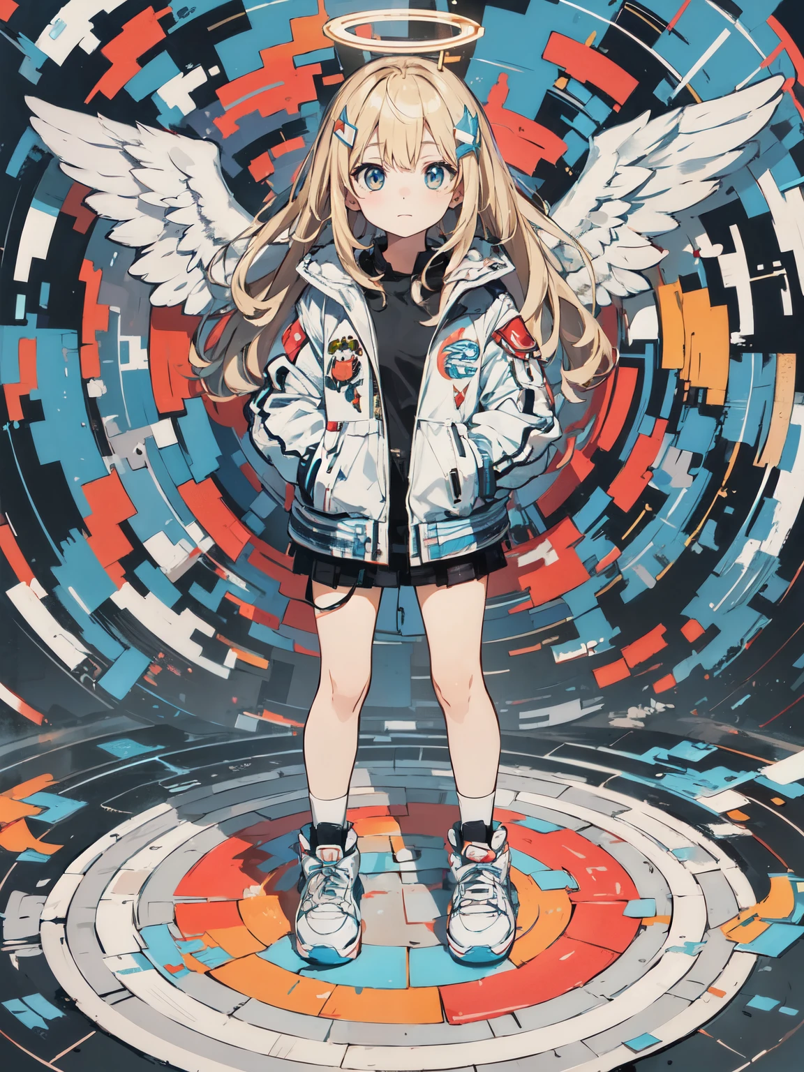 Create an image of a youthful anime-style angel with large, detailed white wings and a glowing halo, dressed in a casual, contemporary bomber jacket with patches and a plaid skirt. The angel has soft, shoulder-length blonde hair with a gentle, friendly expression. BREAK Front-facing, standing pose on a circular platform, with a low-angle view to emphasize the majesty of the wings and the halo above. BREAK Focus on the angelic character with a soft, serene facial expression and a casual yet fashionable modern outfit, capturing a blend of divine and everyday elements. BREAK A digitally abstract, vibrant background with a mosaic of geometric shapes and a spectrum of colors radiating outwards, creating a sense of dynamic energy around the still, central figure.