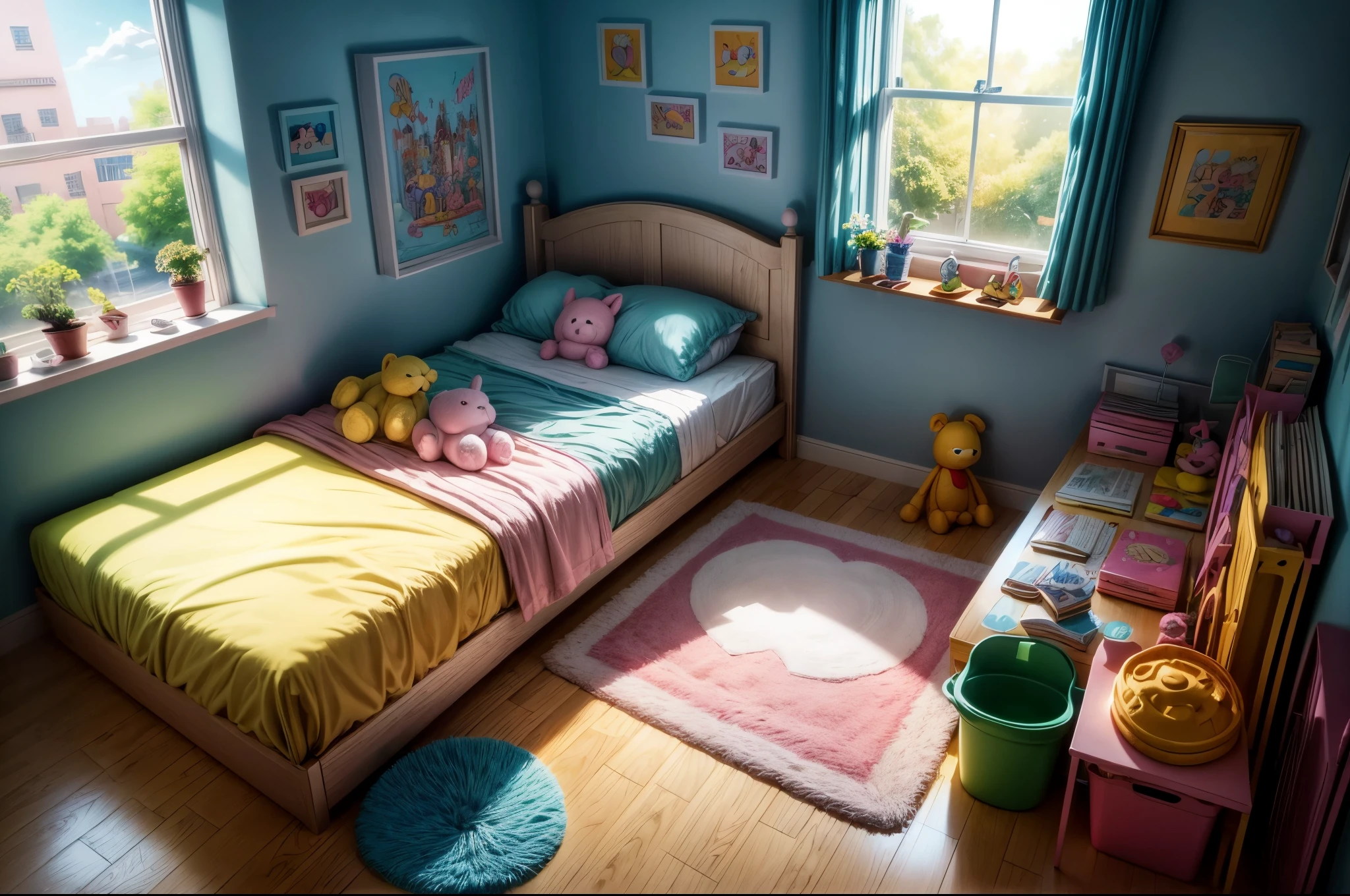 bright, (((cartoon style))), inside of a children's room with toys and soft toys, bed, window, cute room, no human, illustration for children, fantasy art, masterpiece, sunny day in the background, detailed, intricate, 4k, art