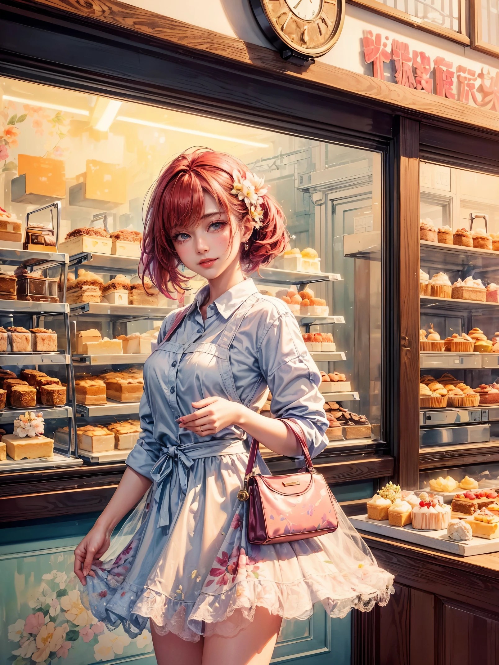 Creative and endearing image，Think of your dream girlfriend as your dream lover and lifelong partner，((A simple and hard-working cake shop girl，She is holding cake，Smile warm and welcoming，Embodying the role of a warm and generous saleswoman，Her facial features are gentle and beautiful，The expression is kind、Tempting))，This artistic expression combines wisdom、Beauty and hardworking character。Her outfit is casual yet charming，Very suitable for the environment of a cake shop，表情Tempting又愉悦。The background is a cozy and warm cake shop，Full of various cakes and pastries，Create a sweet and warm atmosphere。The overall style blends realism with a touch of whimsy，captured a sweet、The essence of a hard-working cake shop girl, (floral watercolor painting:1.5)，(Super high saturation, bright and vivid colors:1.5), (Look at the audience head-on:1.5)