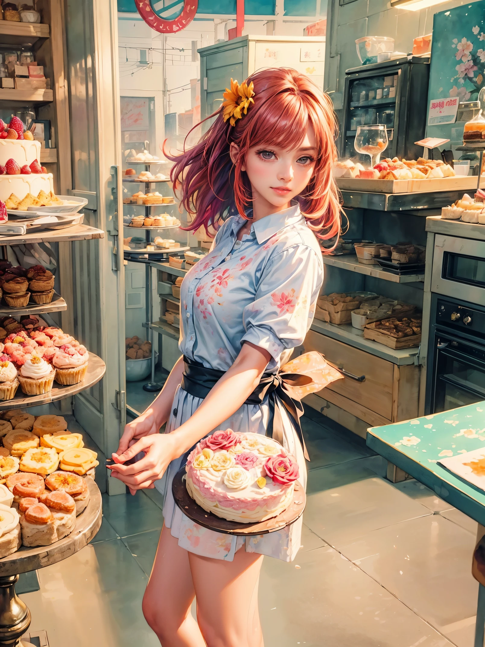Creative and endearing image,Think of your dream girlfriend as your dream lover and lifelong partner,((A simple and hard-working cake shop girl,She is holding cake,Smile warm and welcoming,Embodying the role of a warm and generous saleswoman,Her facial features are gentle and beautiful,The expression is kind、Tempting)),This artistic expression combines wisdom、Beauty and hardworking character。Her outfit is casual yet charming,Very suitable for the environment of a cake shop,表情Tempting又愉悦。The background is a cozy and warm cake shop,Full of various cakes and pastries,Create a sweet and warm atmosphere。The overall style blends realism with a touch of whimsy,captured a sweet、The essence of a hard-working cake shop girl, (floral watercolor painting:1.5),(Super high saturation, bright and vivid colors:1.5), (Look at the audience head-on:1.5)