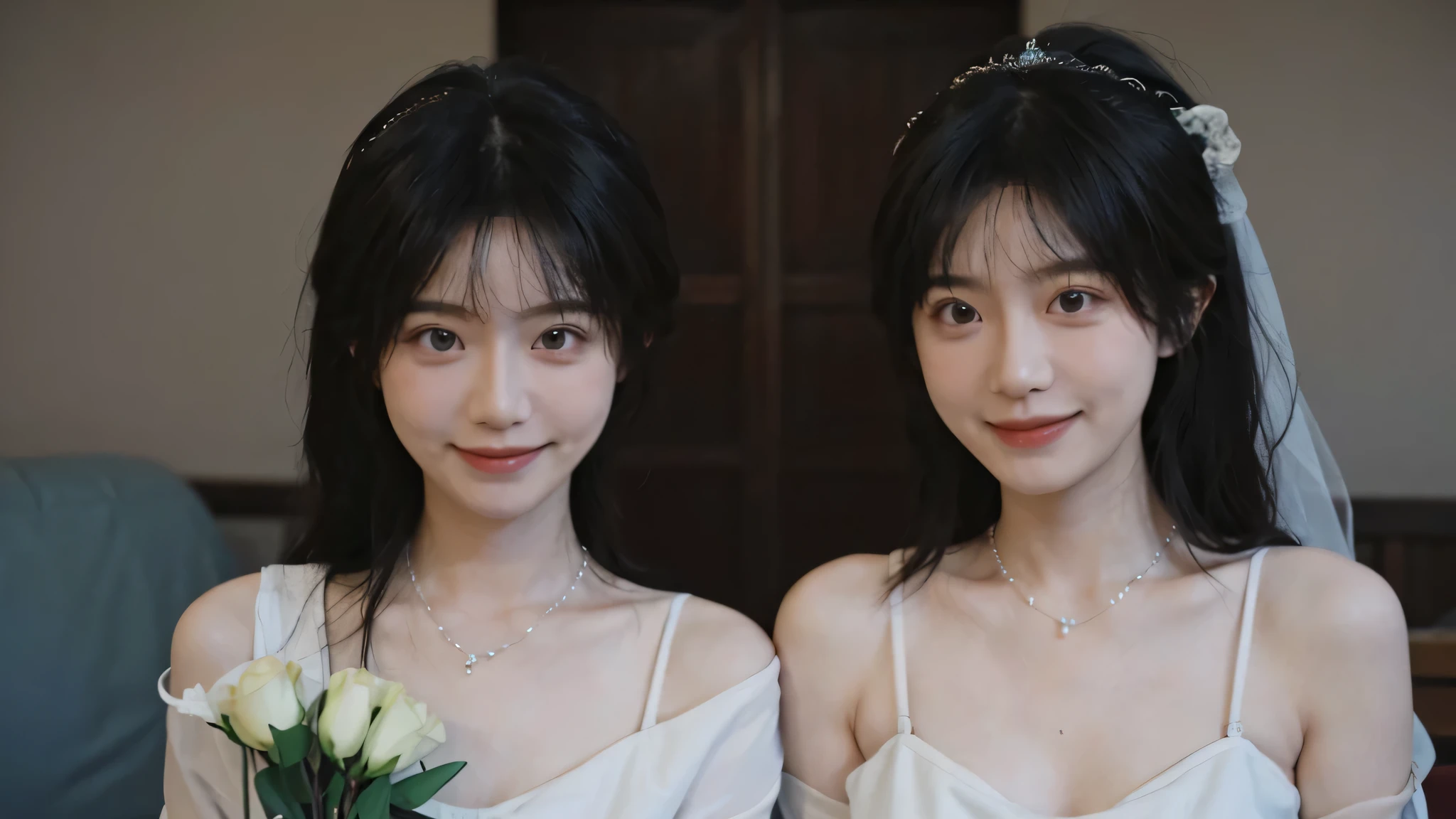 best quality, ultra high resolution, (realistically:1.4),cute hairpin,Baoyu Girl,Standing in the wedding hall,(flat chest:1.2) ,A pair of clear and moving peach blossom eyes,Royal sister,sunshine on face,Big wavy hairstyle,(necklace:1.2),(White skin:1.4),a sense of atmosphere,a beautiful girl, Smile,looking directly at the viewer, Close-up cleavage ,(lifelike:1.4),1 girl,Sexy,(Upper body:1.4),(wet),(:1.2)