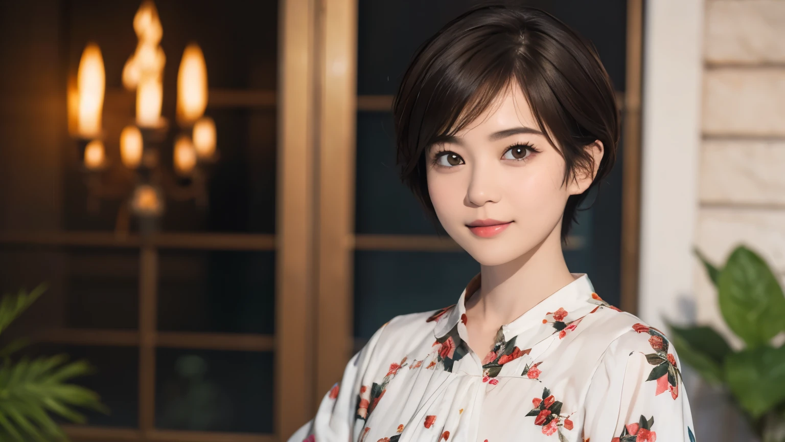 148
(20 year old woman,floral print outfit), (Super realistic), (high resolution), ((beautiful hairstyle 46)), ((short hair:1.46)), (gentle smile), (brest:1.1), (lipstick)