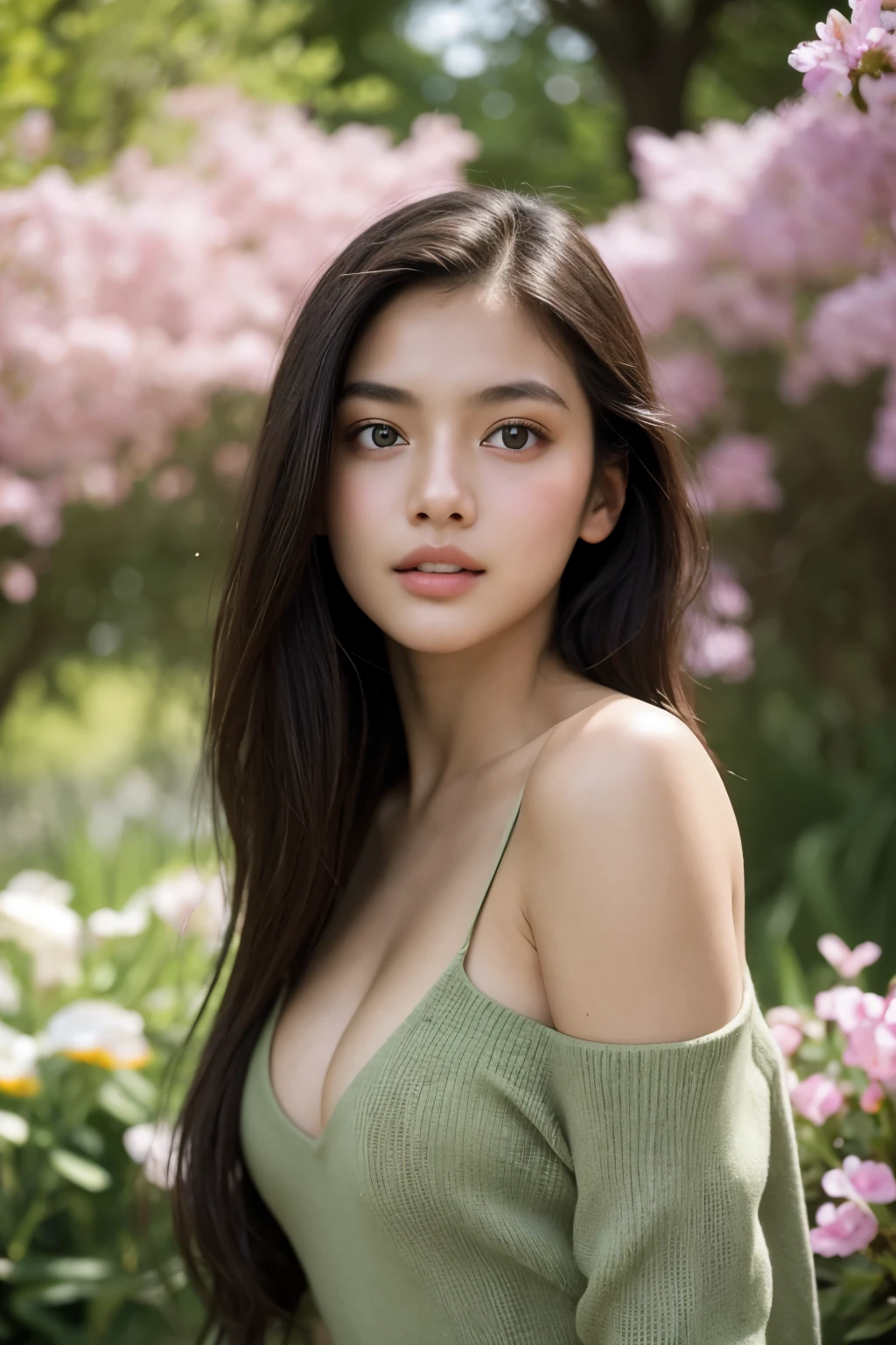 Fashion model 18 years old [[[[closeup cleavage]]]], [[[[boobgasm]]]], [[[[coll]]]], [[[[bshoulders]]]], perfect  eyes, Perfect iris，Perfect lips，perfect teeth，Perfect skin，Long face，slender nose，with fair skin，Soft front light，hdr，Movie girl，Casual，The background is outdoors，Green trees and flowers，（pastel colour：1.2）