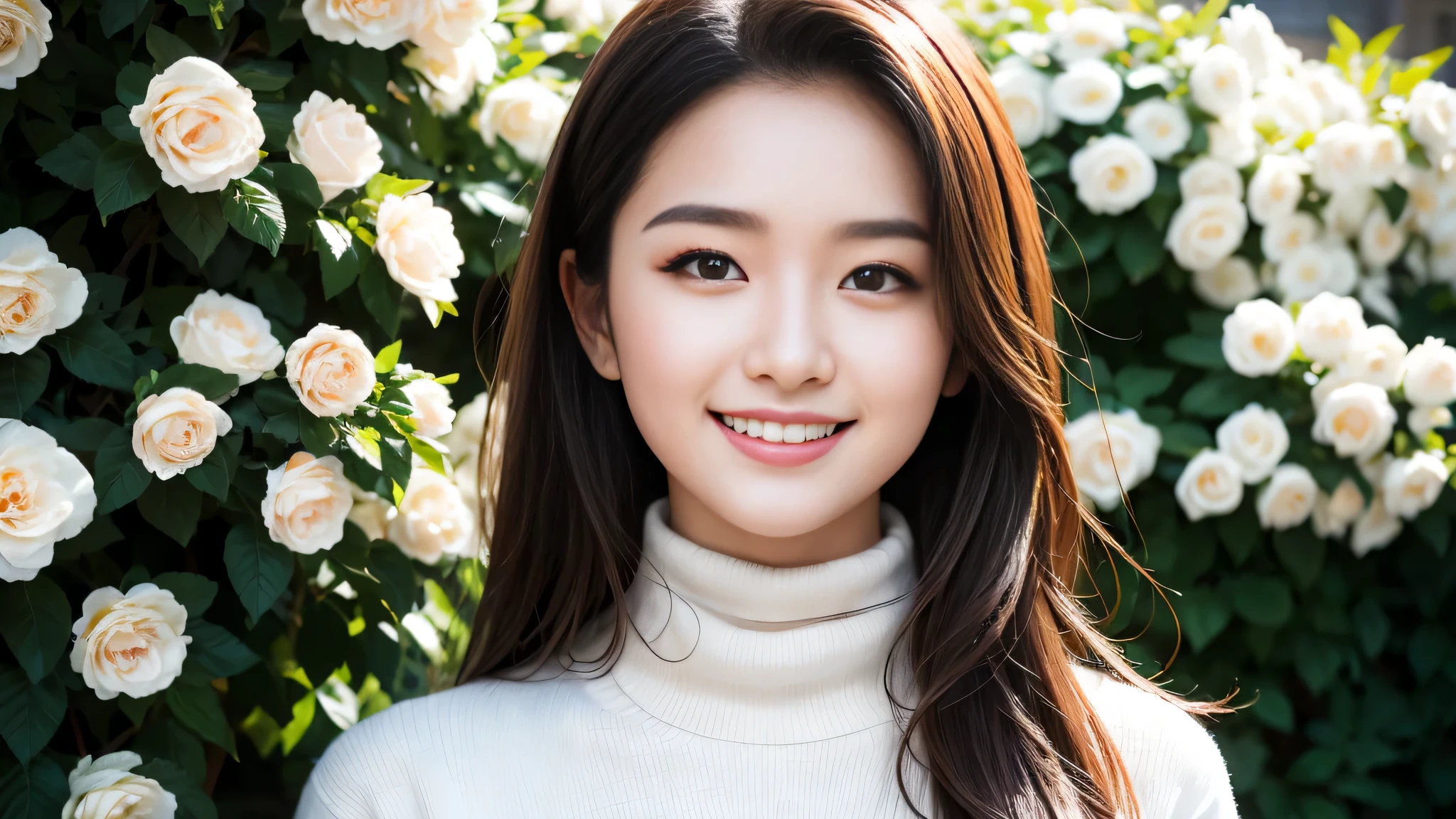 masterpiece,SLR photos,analog style,nikon d5,real picture,Photos of 20-year-old beauties,dramatic lighting (85mm),against the backdrop of a blooming garden,(detailed facial features),(Detailed shining eyes),dynamic angle,Michelangelo style,long hair,turtleneck sweater,smiley face:1.4,