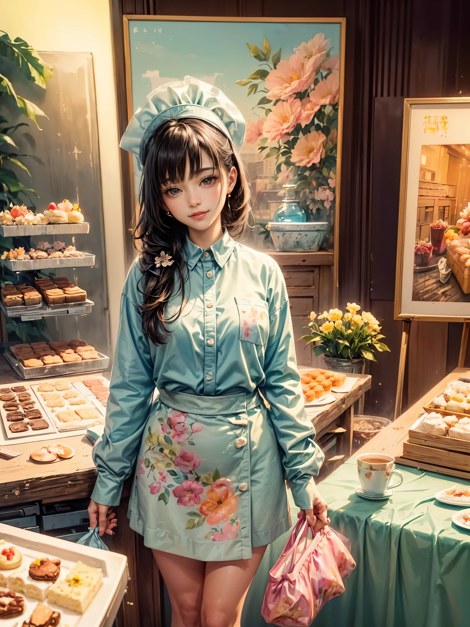 Creative and endearing image,Think of your dream girlfriend as your dream lover and lifelong partner,((A simple and hard-working cake shop girl,She is holding cake,Smile warm and welcoming,Embodying the role of a warm and generous saleswoman,Her facial features are gentle and beautiful,The expression is kind、Tempting)),This artistic expression combines wisdom、Beauty and hardworking character,(She wears the uniform of a saleswoman:1.3),Casual and charming,Very suitable for the environment of a cake shop,表情Tempting又愉悦。The background is a cozy and warm cake shop,Full of various cakes and pastries,Create a sweet and warm atmosphere。The overall style blends realism with a touch of whimsy,captured a sweet、The essence of a hard-working cake shop girl, (floral watercolor painting:1.5),(Super high saturation, bright and vivid colors:1.5), (Look at the audience head-on:1.5)