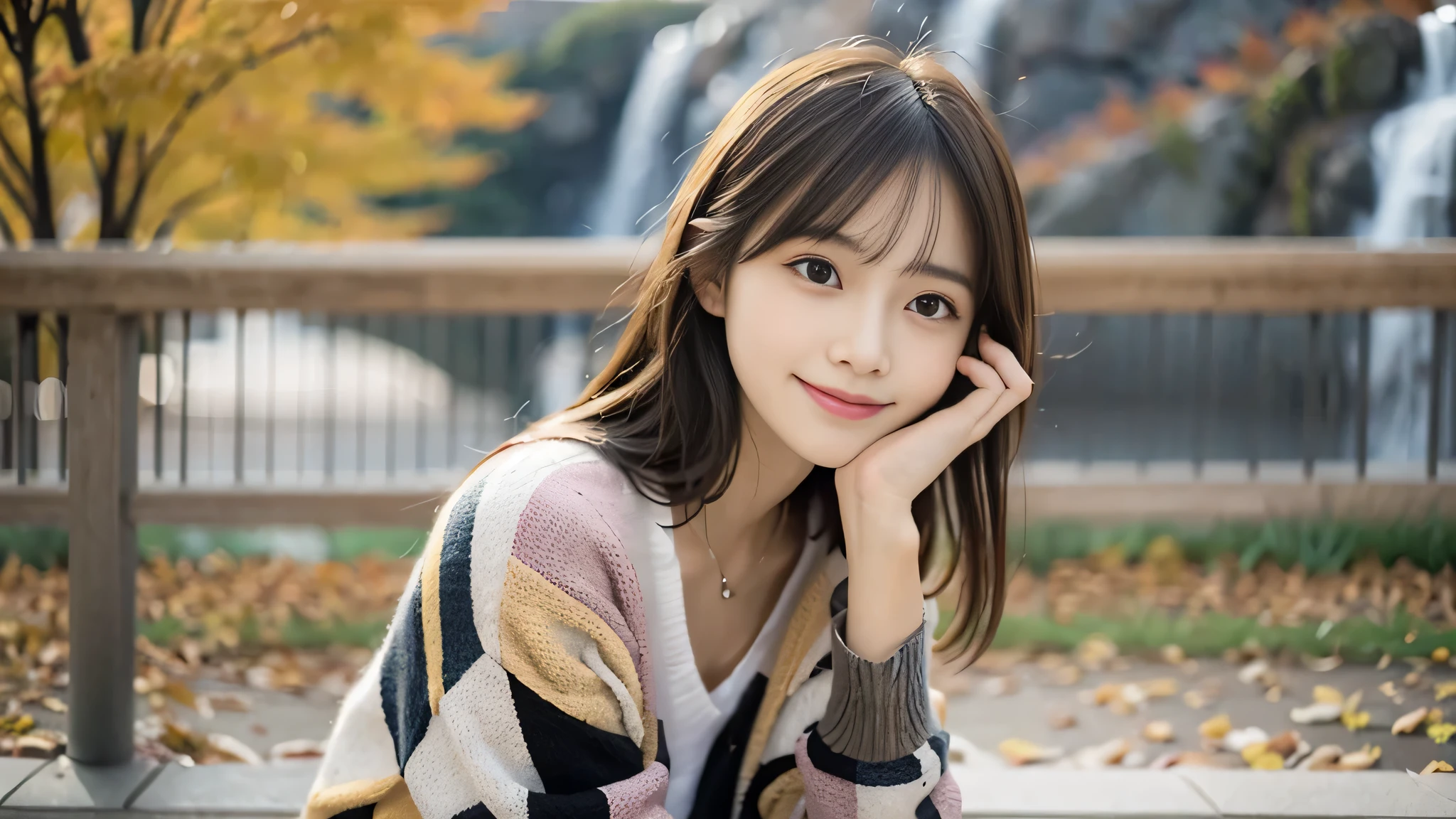 (Close-up portrait of a girl,Her breasts are very slender,hair is very long,Wear colorful fall shirts and sweaters:1.5)、(Girl standing at the edge of the screen smiling,hair blowing in the wind:1.3)、(Waterfall and very beautiful autumn leaves background :1.3)、(perfect anatomy:1.3)、(complete hands:1.3)、(complete finger:1.3)、realism、original photography、on the table、top quality、high resolution、pretty、face perfect、beautiful and delicate eyes、White skin、Real human skin、pores、((thin legs))、(black hair)