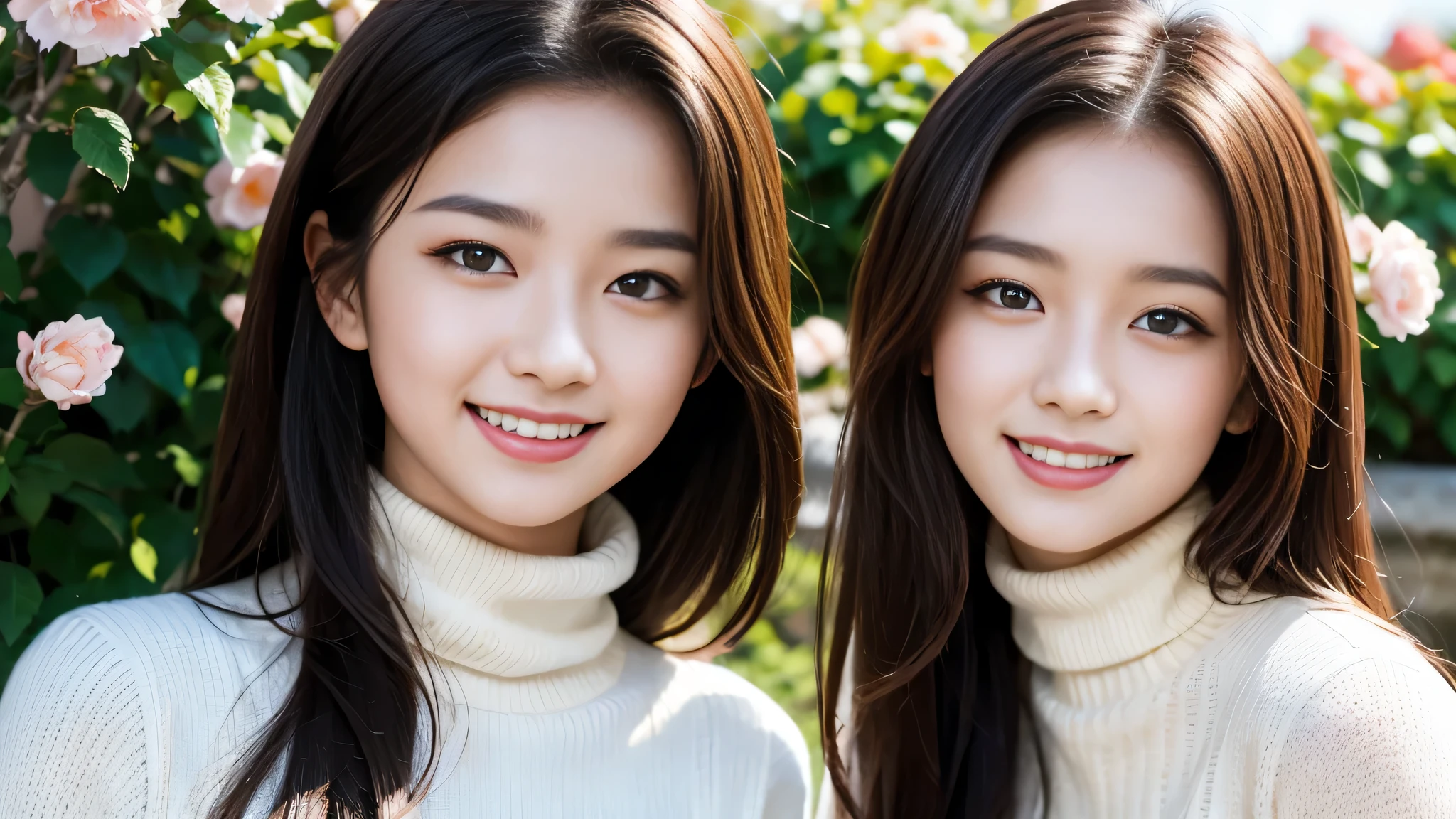 masterpiece,SLR photos,analog style,nikon d5,real picture,Photos of 20-year-old beauties,dramatic lighting (85mm),against the backdrop of a blooming garden,(detailed facial features),(Detailed shining eyes),dynamic angle,Michelangelo style,long hair,turtleneck sweater,smiley face:1.4,
