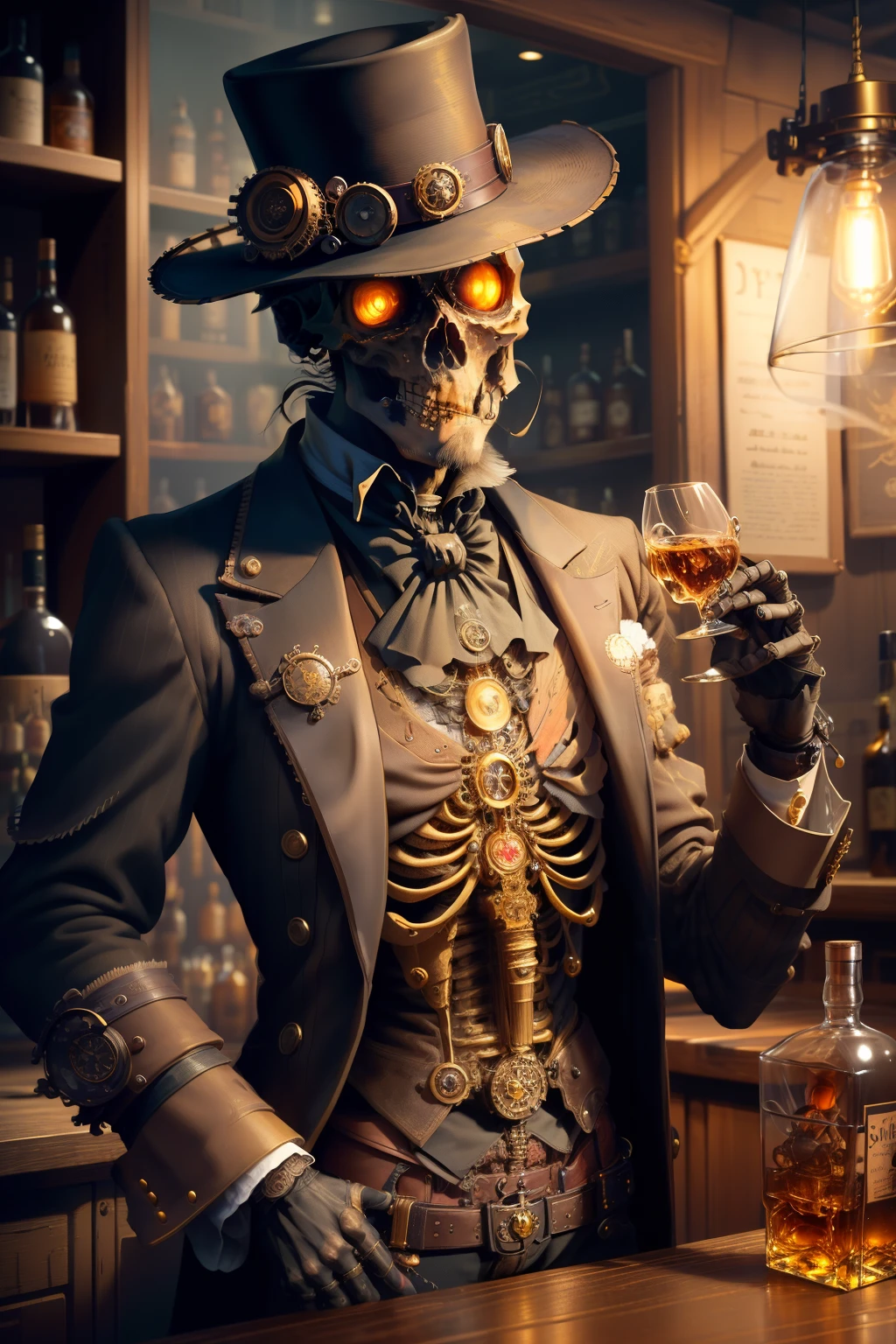 Steampunk AI。masterpiece。highest quality。Detailed details。one skeleton。(skeleton in steampunk style)。(gentleman)。ragged clothes。(At the counter of a dusty bar, he speaks softly to a whiskey bottle and glass.)。((dim lighting))。