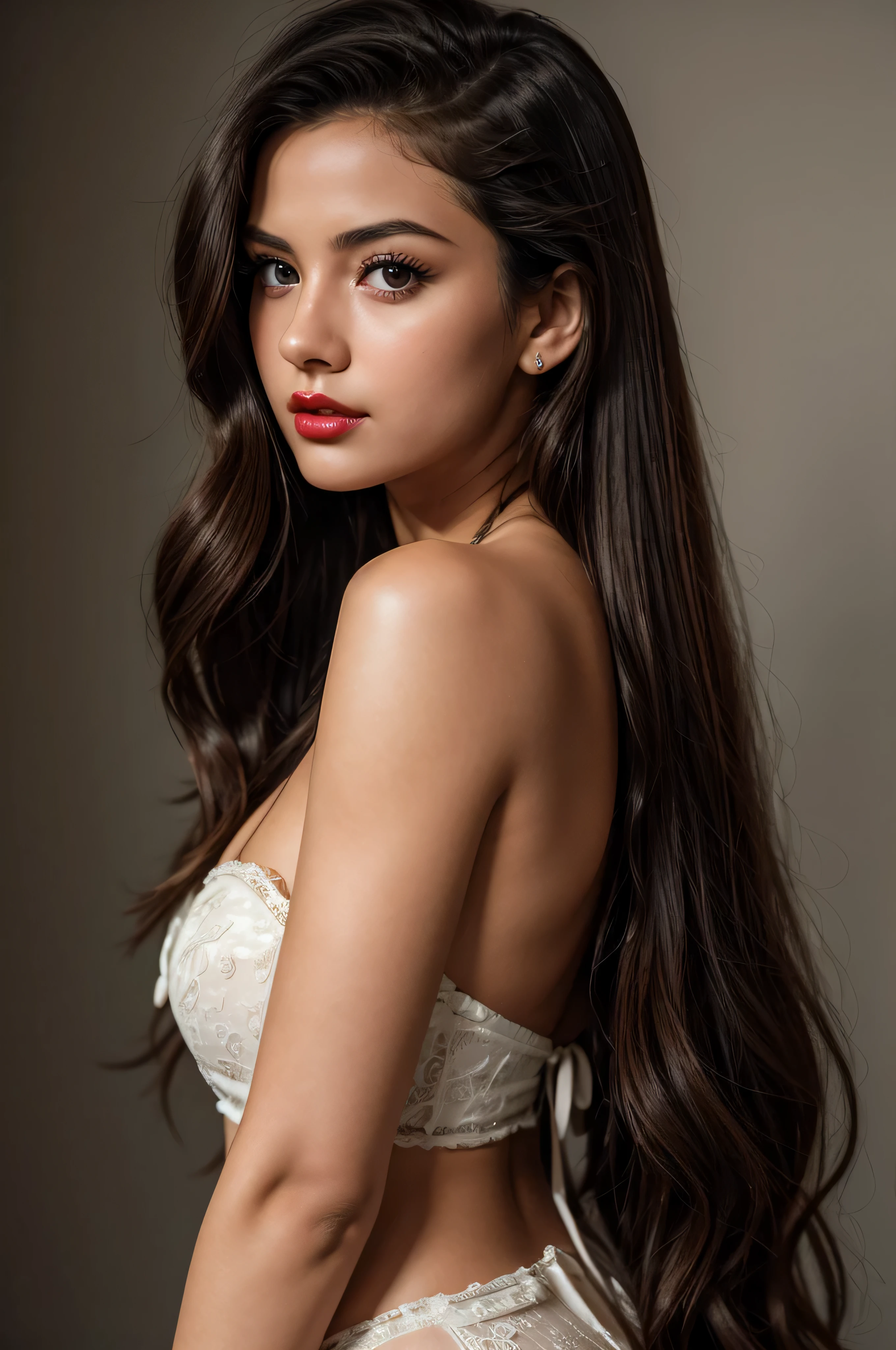 professional photo of a beautiful sensual 25-year-old instagram celebrity girl beautiful aristocratic face black long hair brown expressive eyes red lips posing in a vintage photo studio spot lighting shallow depth of field bokeh