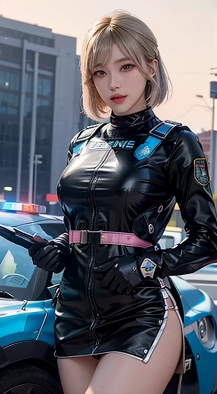 highest quality, ultra high resolution, (Backlight), (realistic: 1.4), (cowboy shot:1), 1 beautiful girl, (K-POP idol), detailed face, (Hairstyle: blonde:1, Fulvan, Short Bob Style:1), contrasting, perfect anatomy, muscular, smooth skin, professional lighting, ((Wearing futuristic police racing suit, Low mini skirt, Police emblem, High-tech headset, Military Harness, racing gloves)), (Cloth color based on silver-pink-black-white), (background, crashed car, fire, (explosion)),Sayla Mass