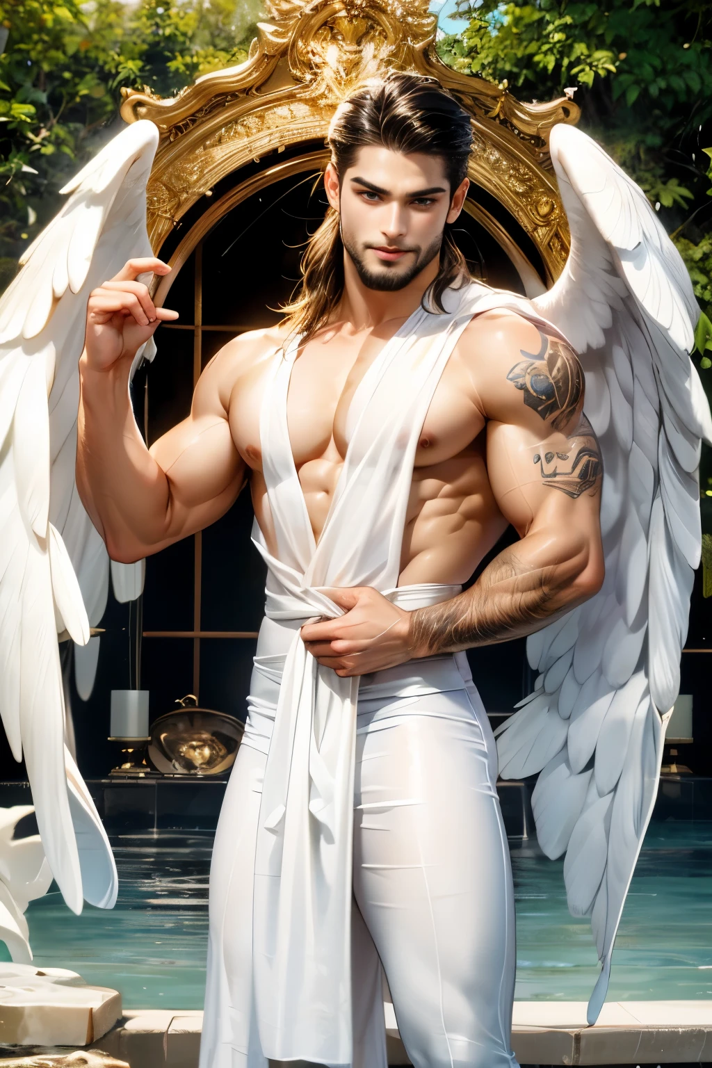 1 man, alone, young handsome man, Latin mulatto skin, attractive features, tan tone skin, dark blue eyes, friendly expression, huge white wings coming out of his back, 2 angel wings, physical fitness, man's long haircut medium, black brown hairstyle, small beard, athletic physique, slender, no body hair, wearing nothing, completely naked , Realistic, fully naked, nude, perfect , male , correct male scrotum, perfect scrotum, male structure, correct male genitelia, huge and veiny male genitelia, hard male genitalia, erect male genitalia, full body tattoos. emotion: greet, environment: war field