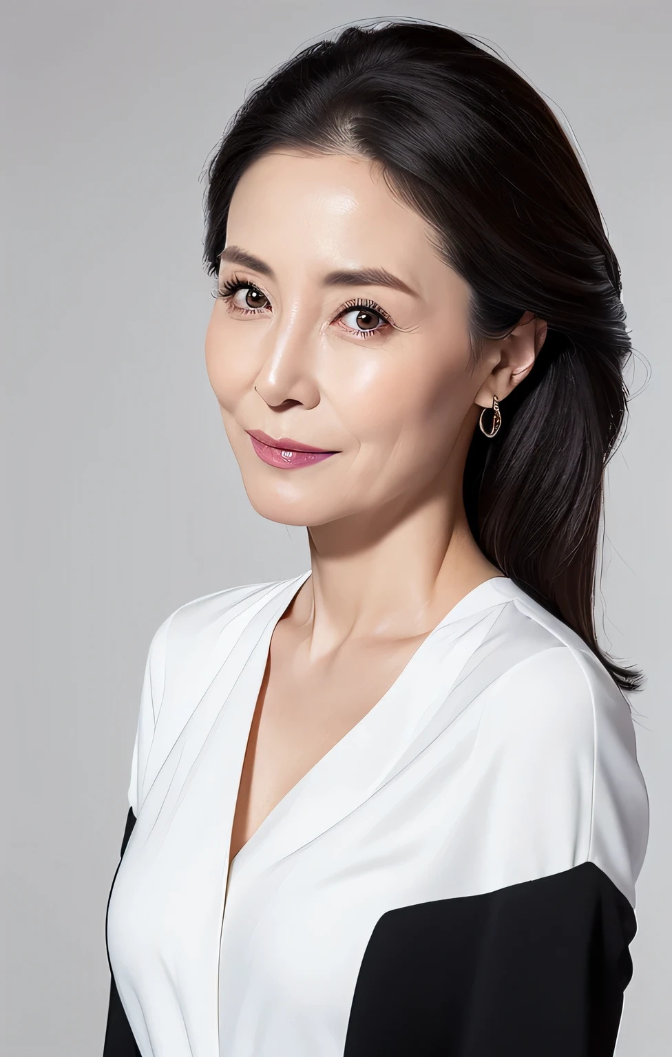 (highest quality,8K,masterpiece),
Portrait of a mature woman,very deep,
very beautiful face,lip gloss,
big breasts,
elegant black suit, White V-neck shirt,