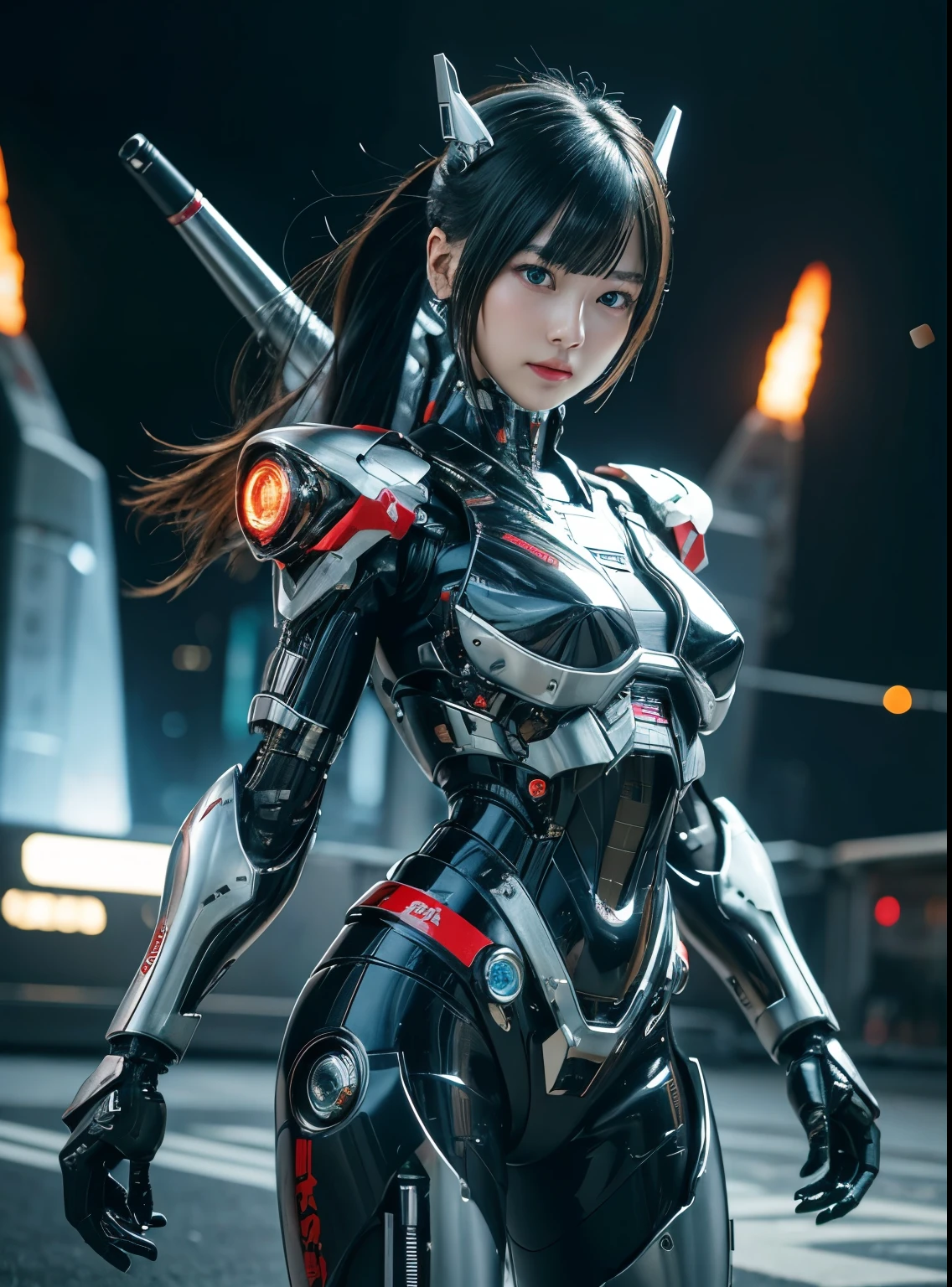 rough skin, Super detailed, advanced details, high quality, 最high quality, High resolution, 1080P, hard disk, beautiful,(cyborg),missile,rocket,machine gun,beautifulcyborgの女性,メカcyborgガール,battle mode,Mecha body girl,彼女は武器を持ったバトルcyborgメカを身に着けています,cyborg戦士