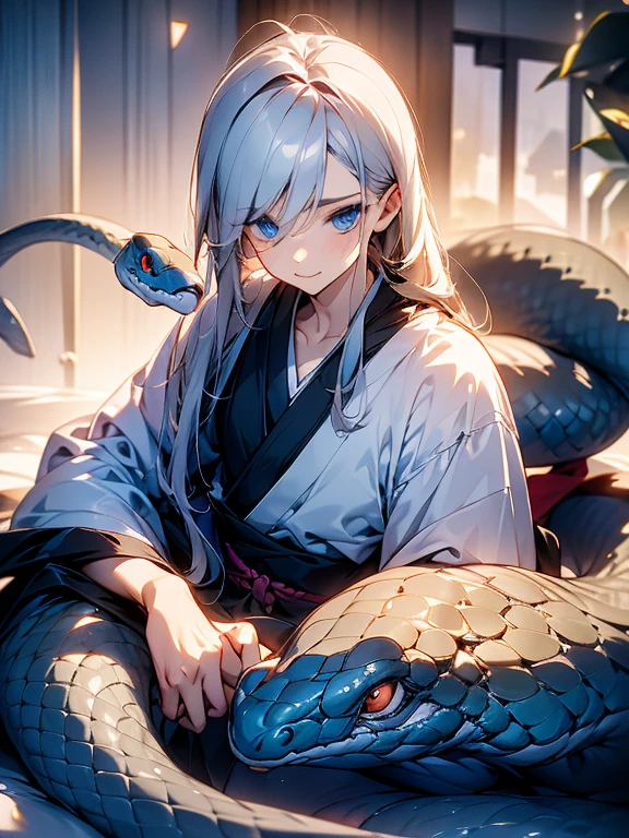male、gray hair、There are snake scales on the face、beautiful young man、sideways glance、kimono、long hair、Half snake, half human