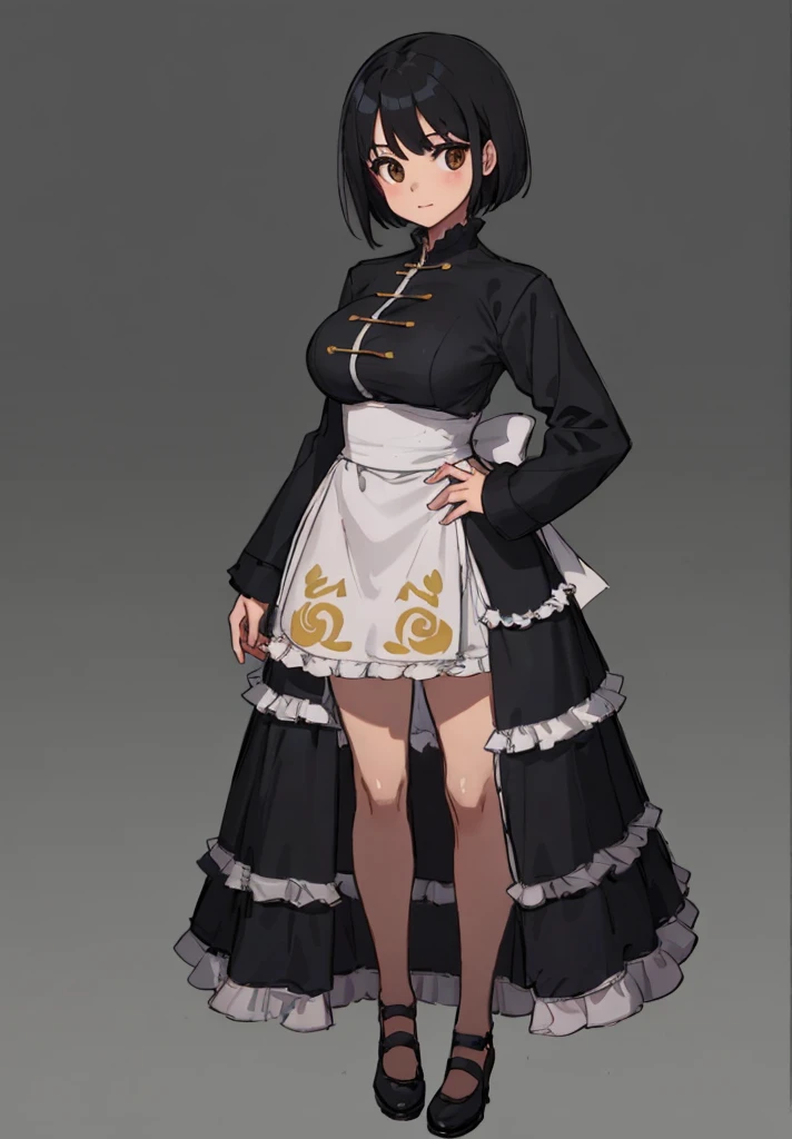 1 girl, ((masterpiece, side light, beautiful eyes: 1.2), Super detailed, ultra high resolution, professional lighting, high quality make up, beautiful detailed eyes), (highest quality:0.8), perfect anime illustrinion, beautiful, flin color background, simple background, whole body , looking for_in_viewer, 一人in, (whole body:1.5), (black hair:1.3), dark brown eyes, (big breasts:1.2), 一人in,Wasachiri, Huasachina, sash, puffy dress, dress, Puffy short sleeves, pantyhose, black shoes, Floral, print dress, put your hands on your hips, handkerchief,tof, (asymmetrical bob cut:1.1),(low length:1.1),(Chubby:1.2),(おinこ:1.2),(boobs for days:1.2),(huge boobs:1.2),(short legs)