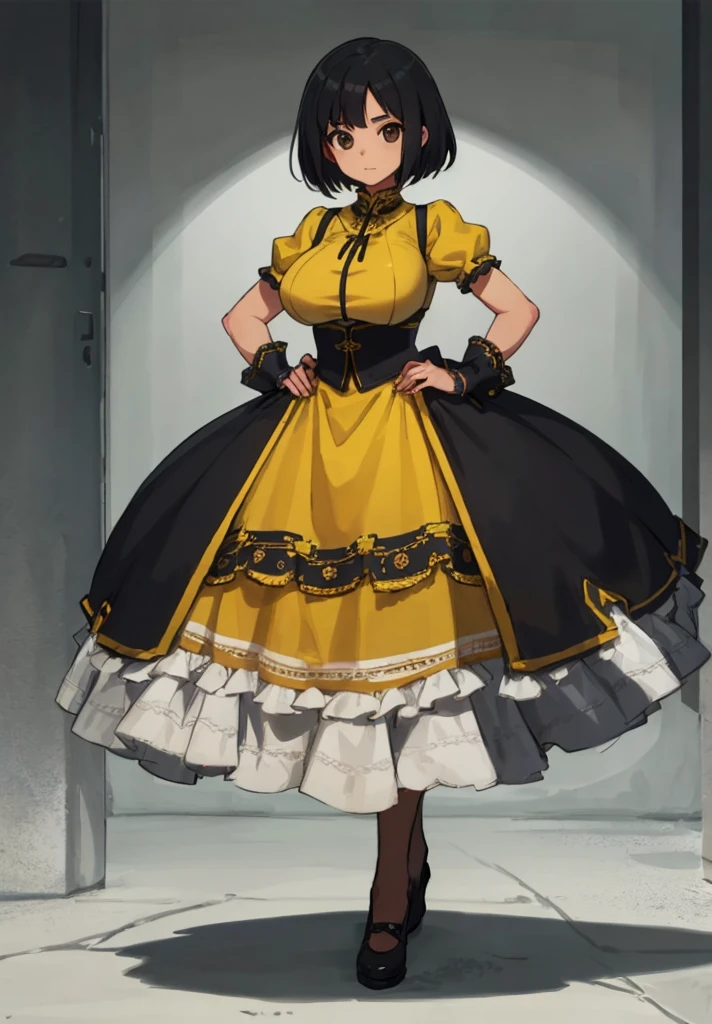 1 girl, ((masterpiece, side light, beautiful eyes: 1.2), Super detailed, ultra high resolution, professional lighting, high quality make up, beautiful detailed eyes), (highest quality:0.8), perfect anime illustrinion, beautiful, flin color background, simple background, whole body , looking for_in_viewer, 一人in, (whole body:1.5), (black hair:1.3), dark brown eyes, (big breasts:1.2), 一人in,Wasachiri, Huasachina, sash, puffy dress, dress, Puffy short sleeves, pantyhose, black shoes, Floral, print dress, put your hands on your hips, handkerchief,tof, (asymmetrical bob cut:1.1),(low length:1.1),(Chubby:1.2),(おinこ:1.2),(boobs for days:1.2),(huge boobs:1.2),(short legs)