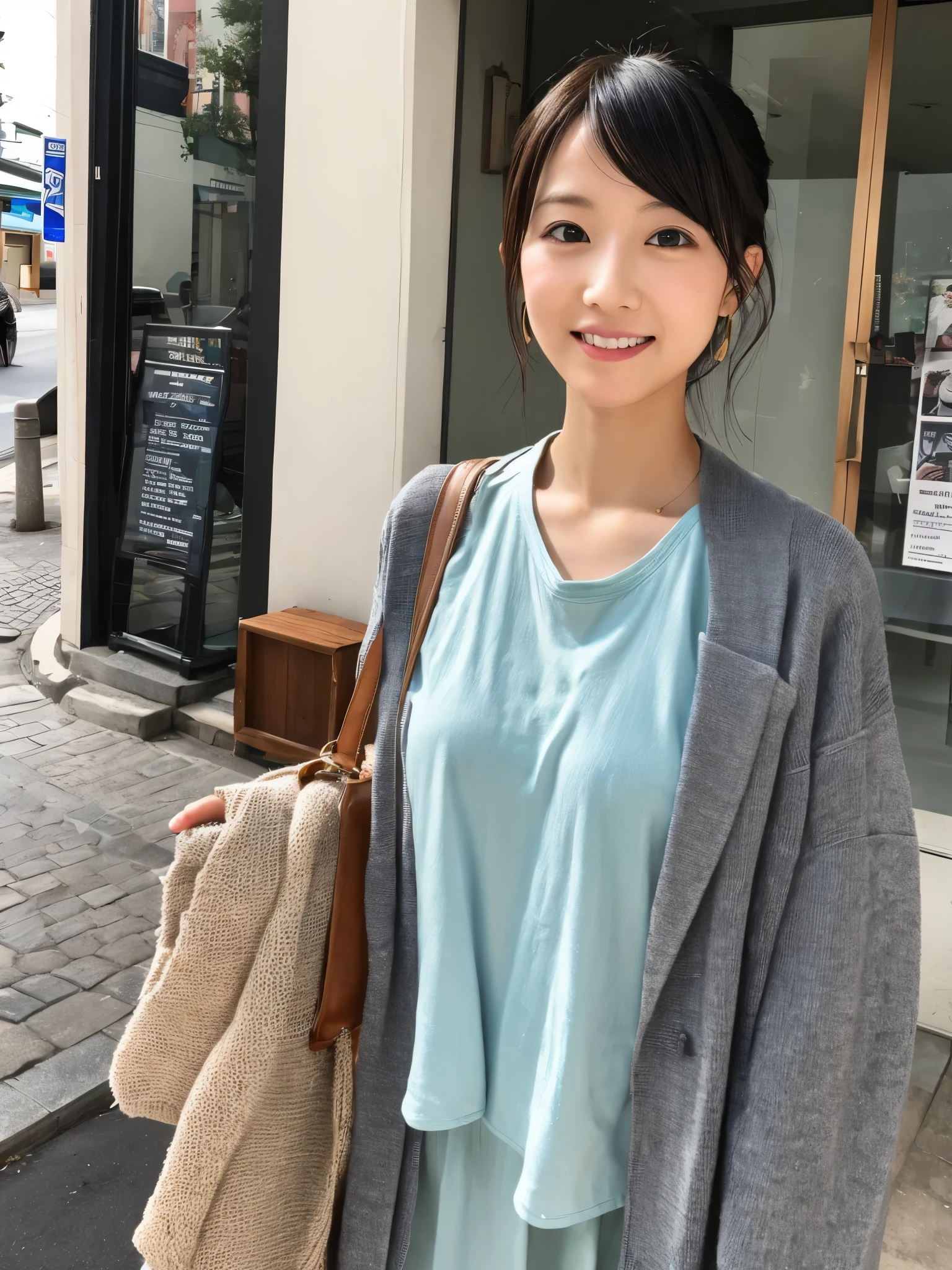 Slender Japan woman、round face、cute face、30age、different hairstyles、casual clothing、Streets of Kyoto
