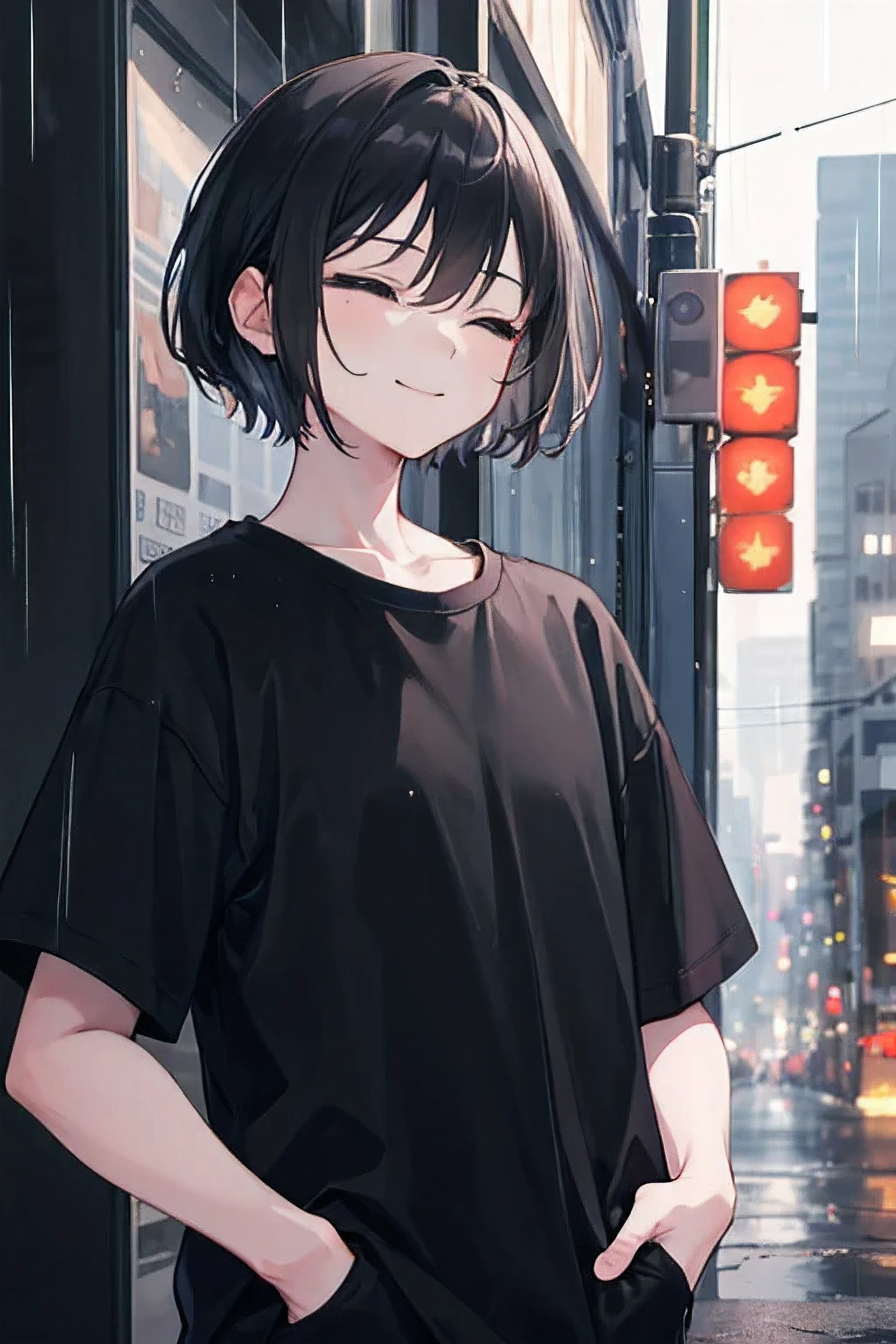 ((best quality)),((masterpiece)),(detailed),1girl,night city,rain,black shirt,hands in pockets,tall,black hair,black eyes,nonchalant,buff,flat,calm,smile,closed eyes smile,broad shoulders