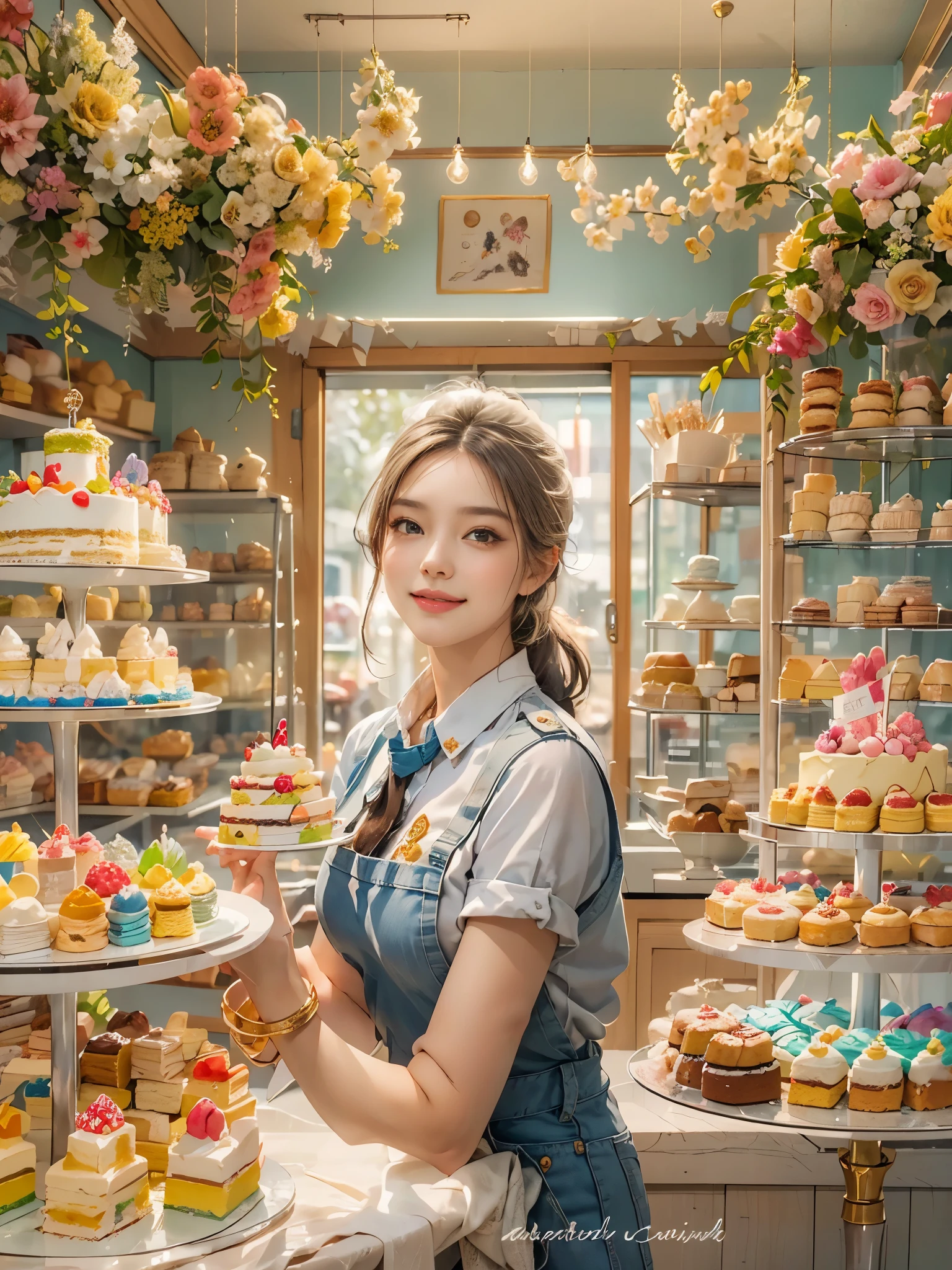 Creative and endearing image，Think of your dream girlfriend as your dream lover and lifelong partner，((A simple and hard-working cake shop girl，She is holding cake，Smile warm and welcoming，Embodying the role of a warm and generous saleswoman，Her facial features are gentle and beautiful，The expression is kind、Tempting))，This artistic expression combines wisdom、Beauty and hardworking character，(She wears the uniform of a saleswoman:1.3)，Casual and charming，Very suitable for the environment of a cake shop，表情Tempting又愉悦。The background is a cozy and warm cake shop，Full of various cakes and pastries，Create a sweet and warm atmosphere。The overall style blends realism with a touch of whimsy，captured a sweet、The essence of a hard-working cake shop girl, (floral watercolor painting:1.2)，(Super high saturation, bright and vivid colors:1.5), (Look at the audience head-on:1.5)